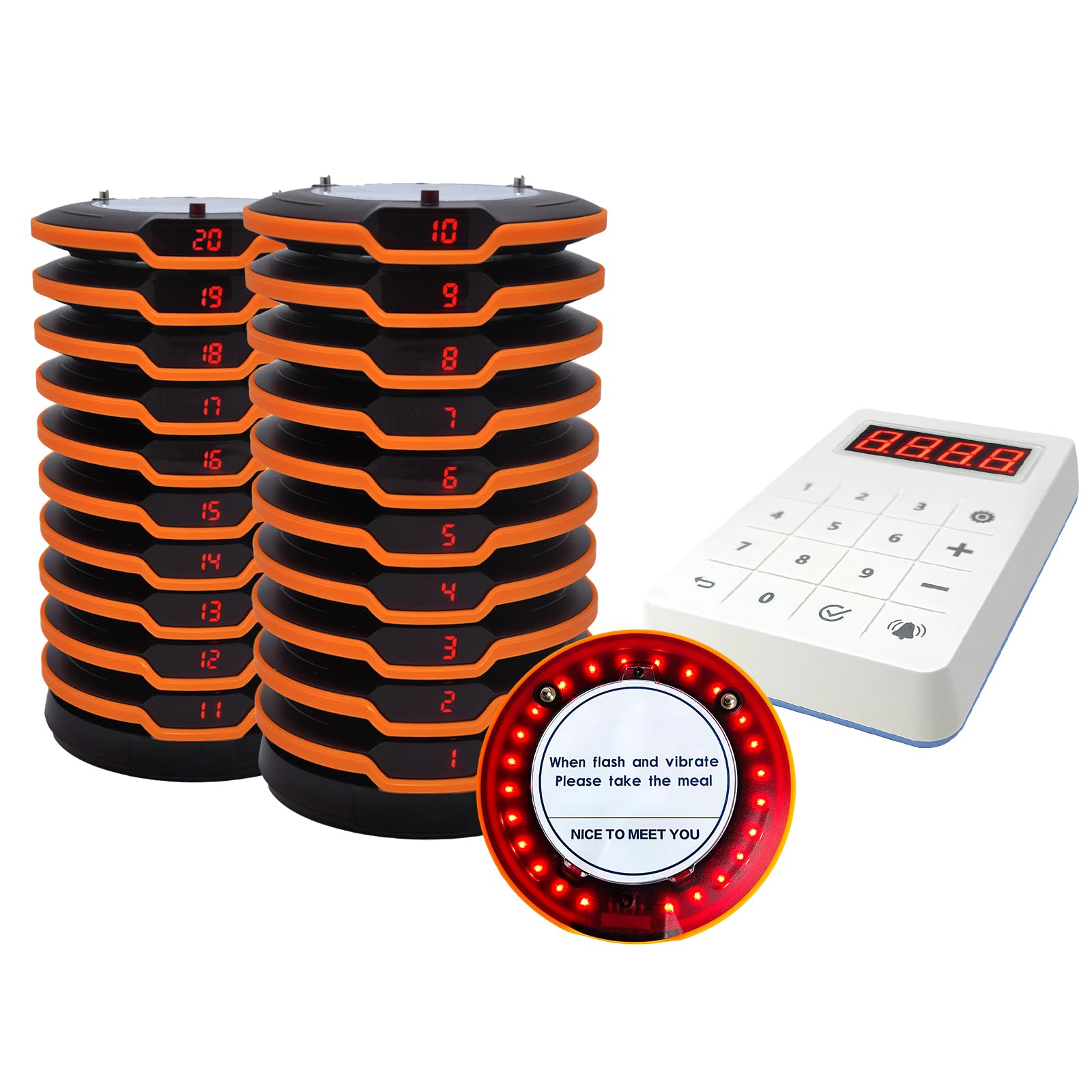 Restaurant Pager System 20 Coaster Pagers and Beepers, Restaurant Beepers Buzzers System with Vibration Flashing Buzzer Queue Wireless Calling System for Food Truck Church Nursery Coffee Shop Bar