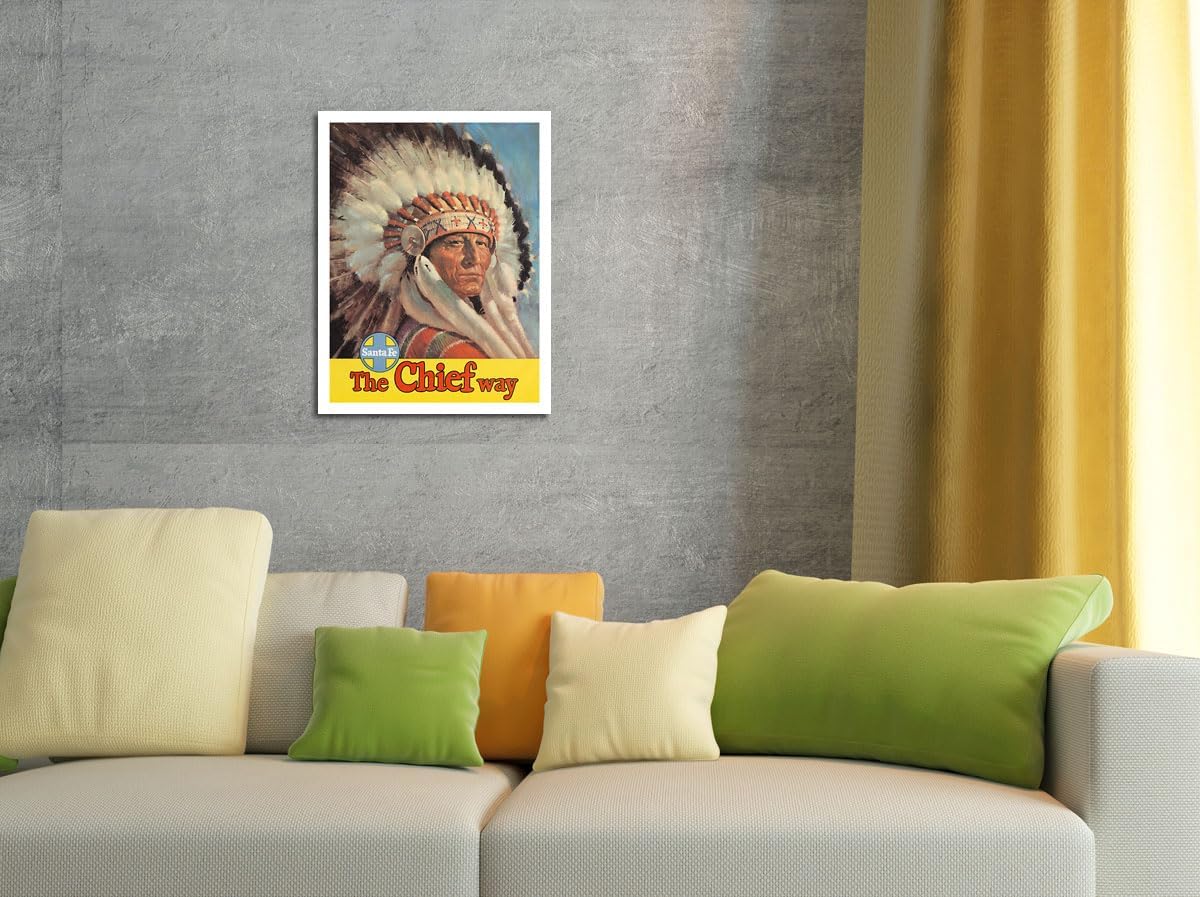 Chicago to California by Train - The Chief Way - Santa Fe Railroad - Native American Indian Eagle Head Dress - Vintage Travel Poster c.1950s - Master Art Print (Unframed) 13in x 19in