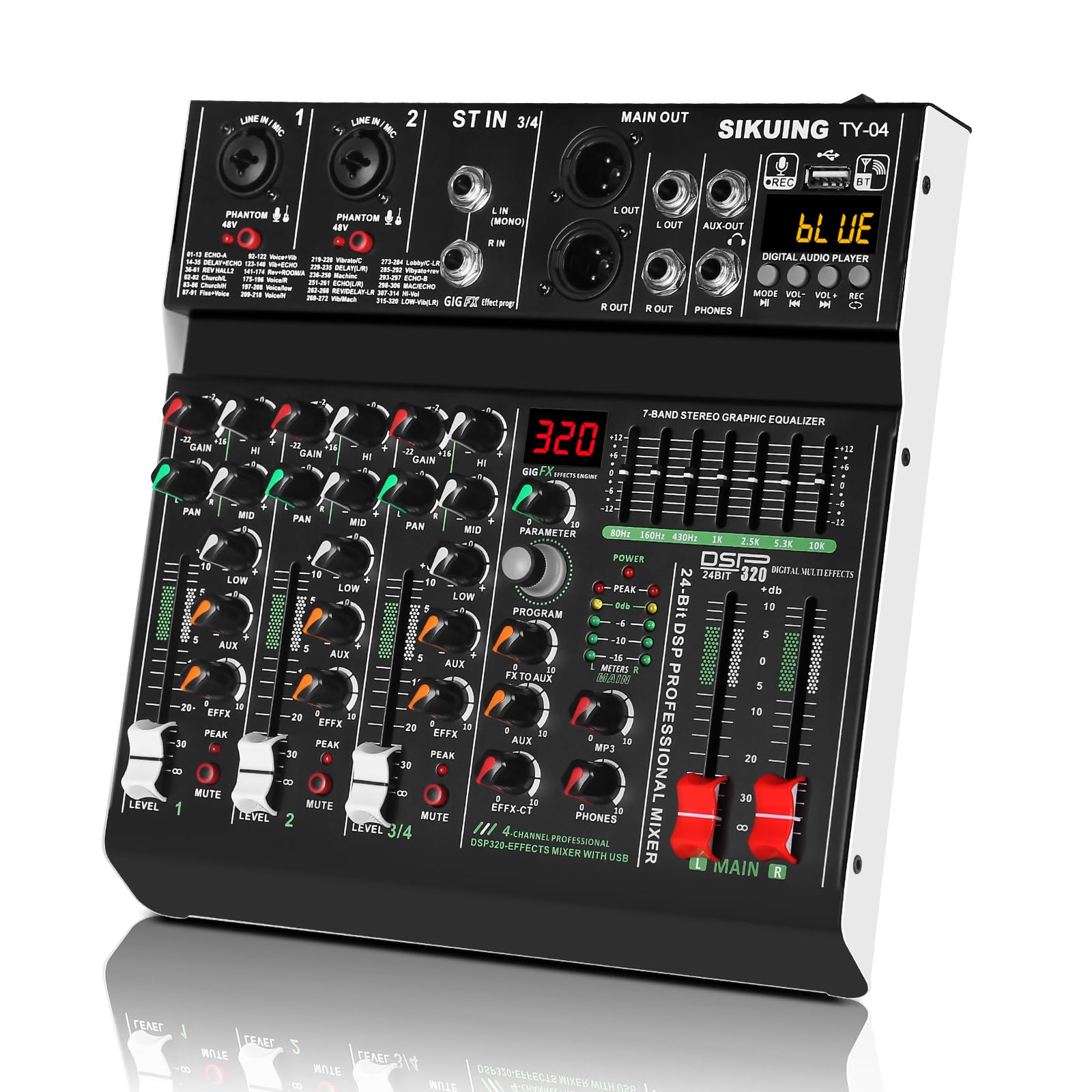 Mixer portatile a 4 canali, mixer audio professionale, 320 effetti DSP + equalizzatore a 7 bande, scheda audio Bluetooth + interfaccia USB, ideale per registrazioni PC, effetti karaoke studio e