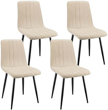 Juego De 4 Sillas De Comedor, Sillas Cocina con Tela De Lino Y Patas De Metal Negro,Silla De Dormitorio,Silla Acolchada,Silla De SalóN,Sillas Comedor Modernas-Beige