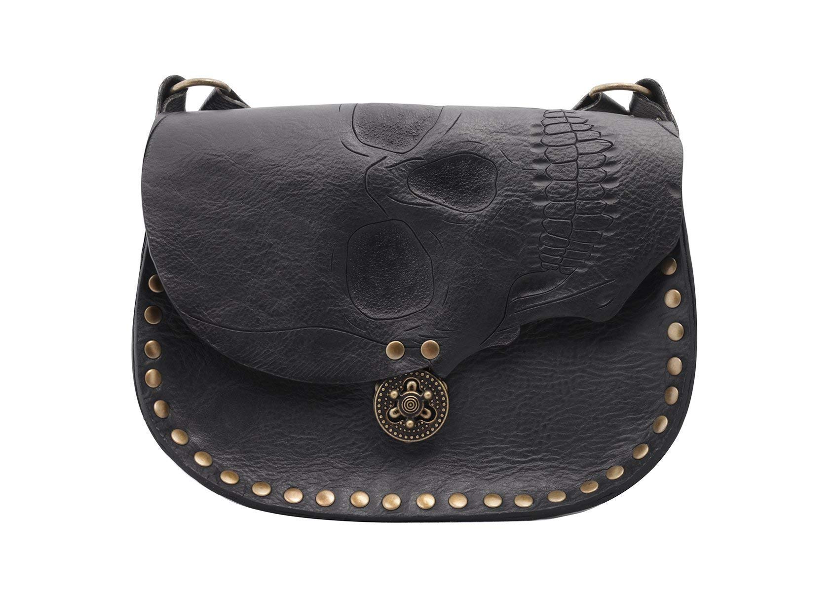 Handmade leather black skull cross body bag with adjustable strap and locking closure