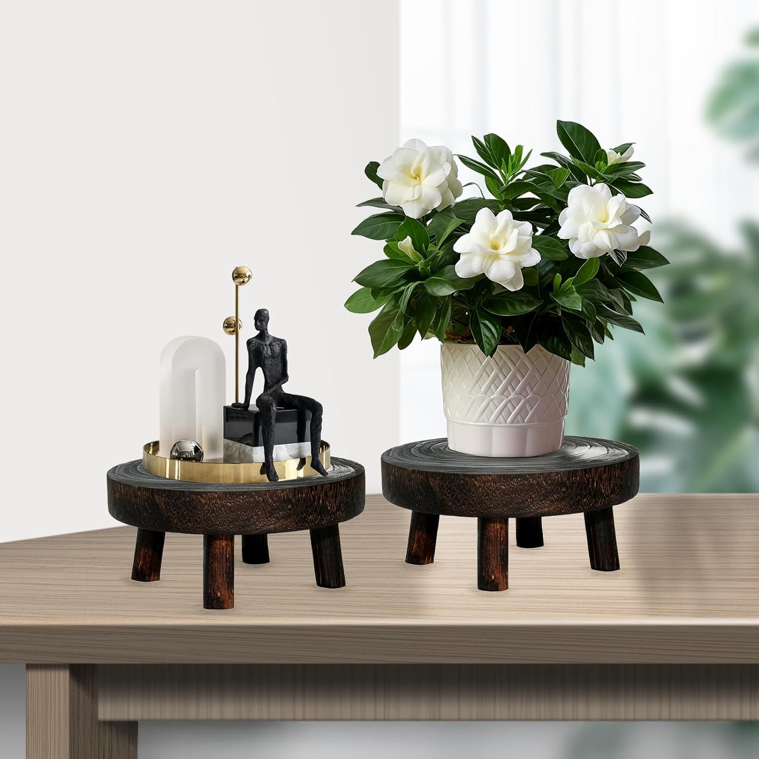 2Pcs Small Wooden Stools for Plants, Wood Stool Plant Stand, 8inch Solid Wood Garden Plant Pot Riser, Mini Round Flower Display Stand Plant Holder Indoor for Home Bonsai Potted Decor (Beige)