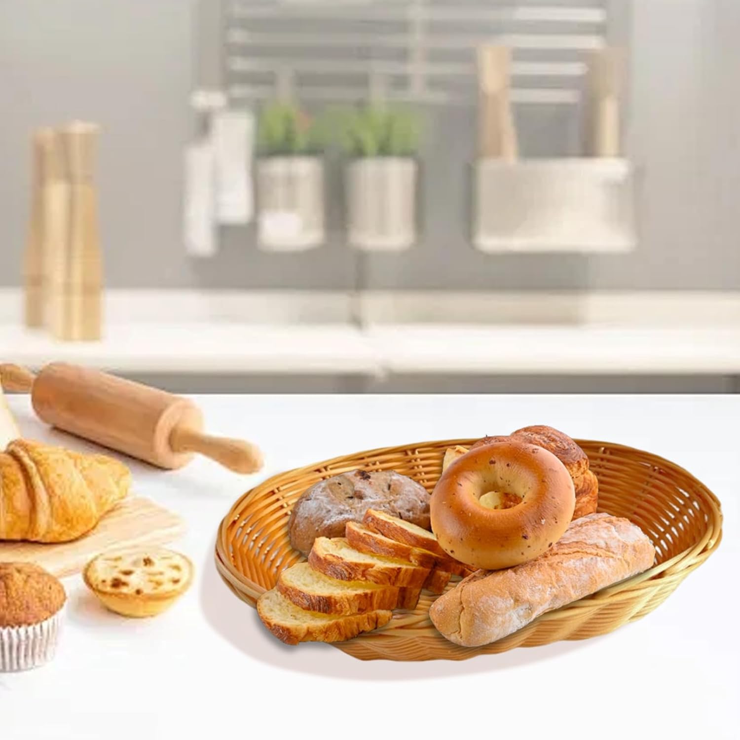12Pcs Wicker Basket 11x9x3in Plastic Weaving Multipurpose Bread Baskets for Kitchen, Centerpiece Display, Storing Bread, Fruits, Vegetables