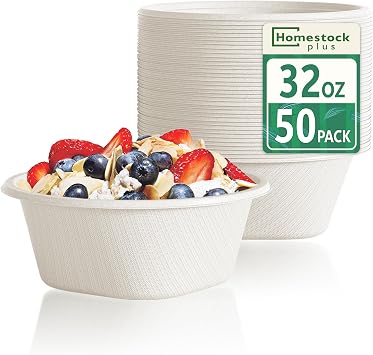 Homestockplus Disposable Soup Bowls 32 Oz [50 Pack] - Heavy Duty Deep Paper Bowls, Leakproof Compostable Containers for Ramen, Chili & Catering, Microwave Safe Bowls White