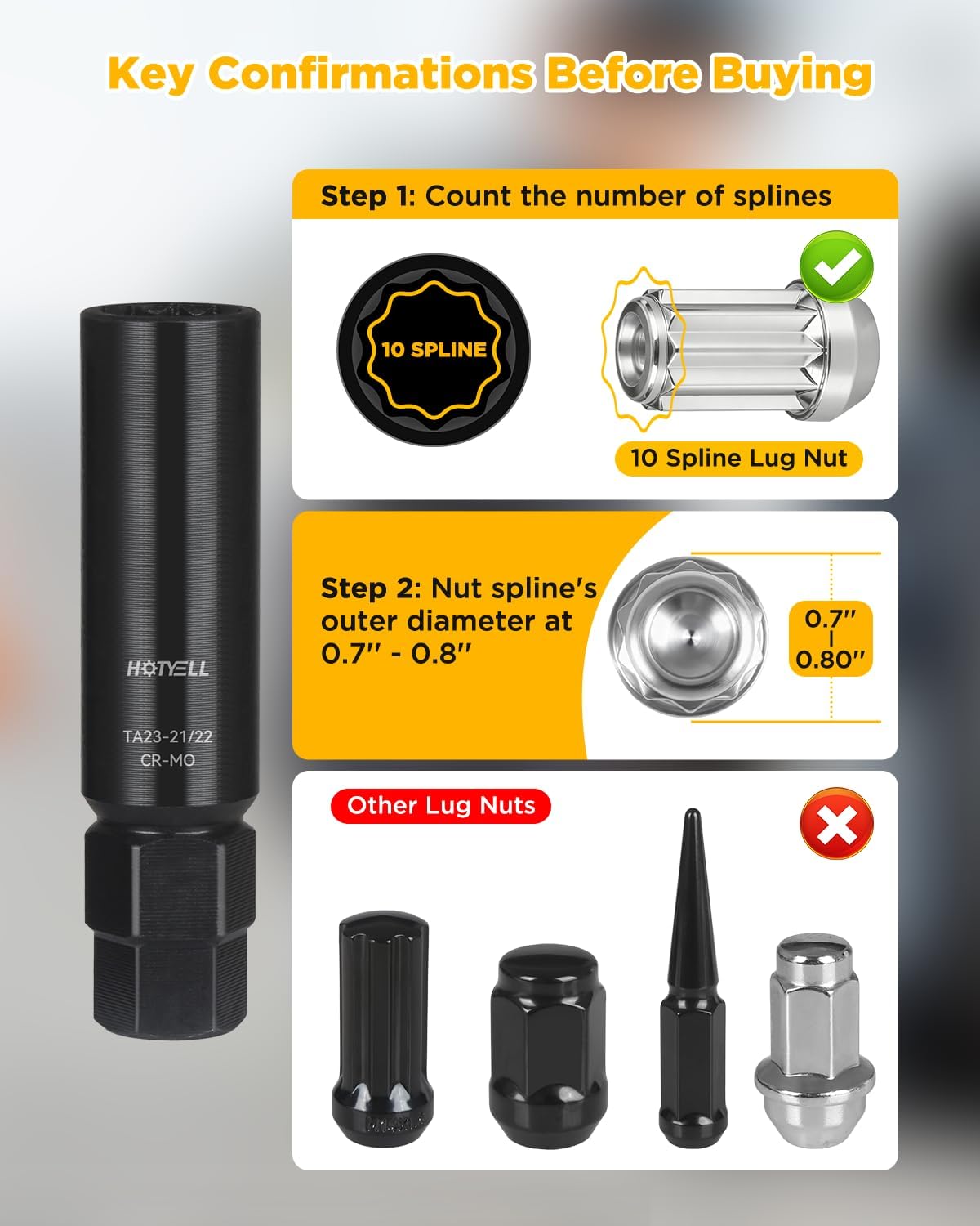 10 Spline Lug Nut Key, Thicker Wall 10-Spline Lug Nut Socket Set, Break-Resistant Wheel Lugnut Removal Tool for Aftermarket Locking Lug Nuts, Compatible with Bimecc Lug Nuts (TA23-21/22)