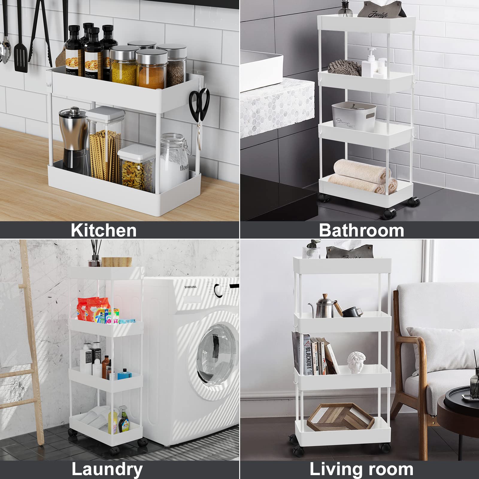 Cucn Slim Storage Cart, 4 Tier Bathroom Storage Cart with Wheels Slide