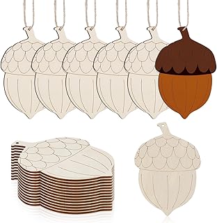 20pcs Blank Wood Acorn Craft Cutouts Unfinished Pine Cone Wooden Slices DIY Christmas Tree Hanging Acorn Pieces Decorations Natural Slices Graffiti Pendant Decor for Home Wedding Easter - with Twine