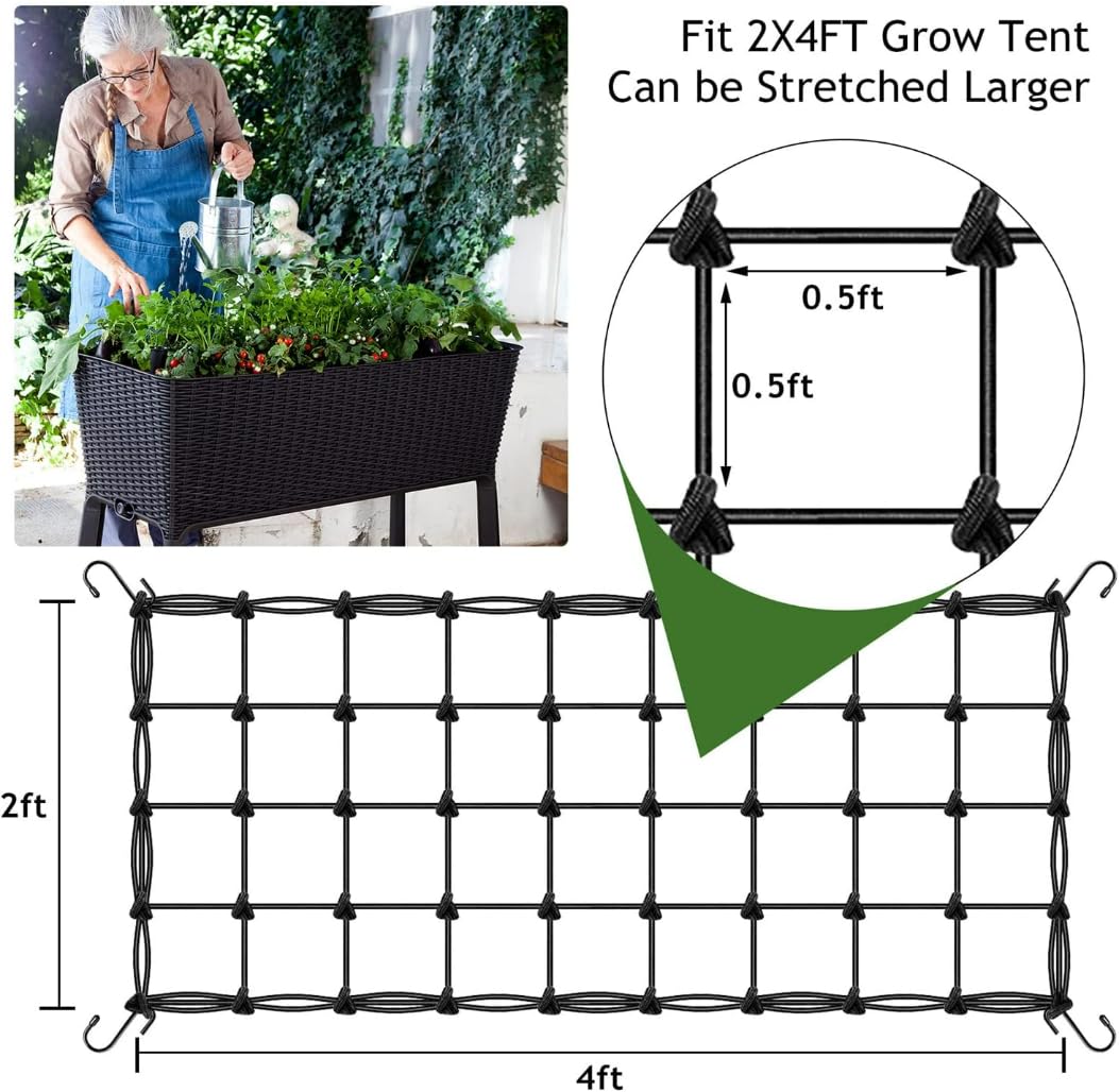 Lot de 6 filets de treillis de tente de culture, 6,1 x 1,2 m, filet élastique robuste avec crochets en acier, support hydroponique flexible pour tentes de culture, jardinage et horticulture