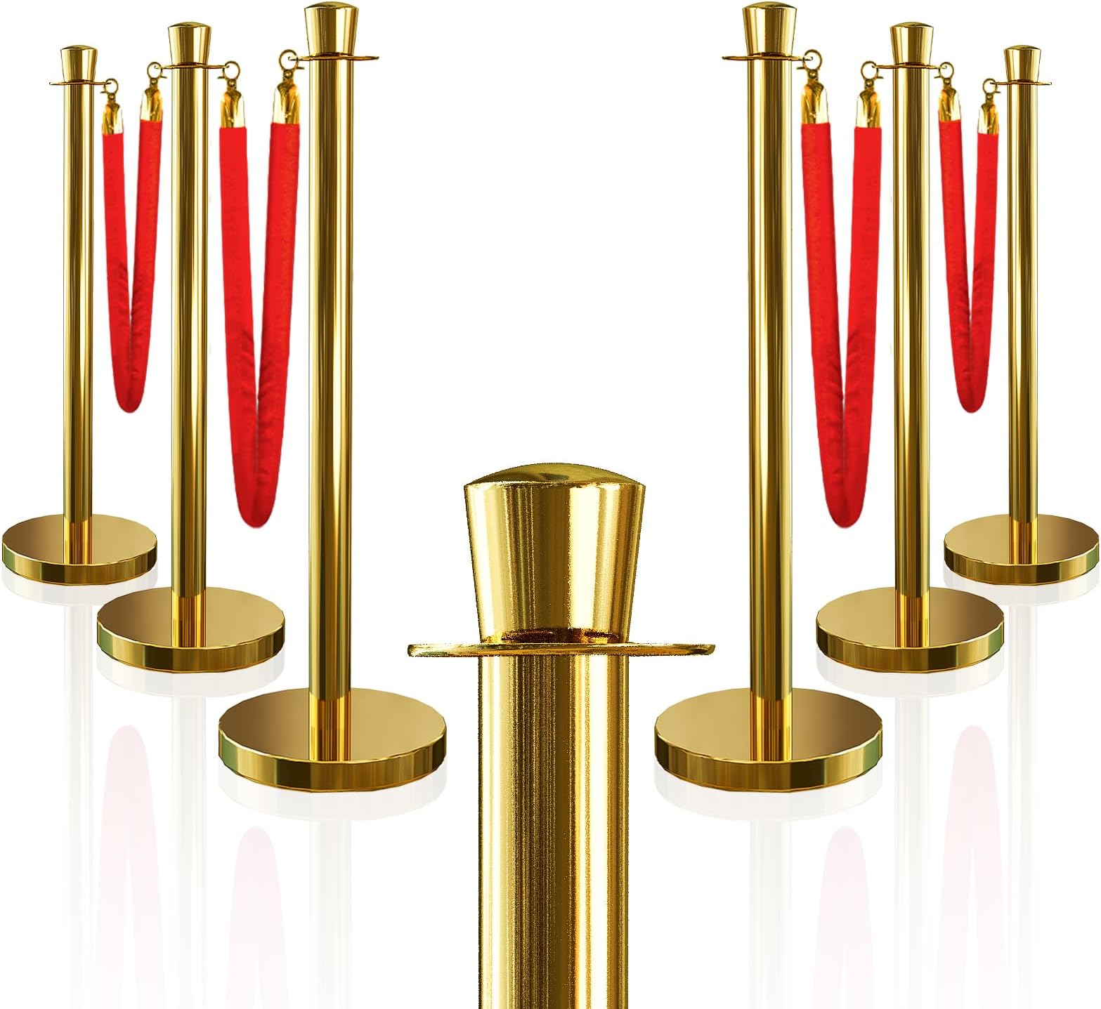 6PCS Top Crown Decoration Gold Stanchions Posts with 4PCS 5 ft Red Velvet Rope, Red Velvet Rope Stanchion Set Crowd Control Barriers, Stanchions and Velvet Ropes Red Carpet Poles for Party Supplies