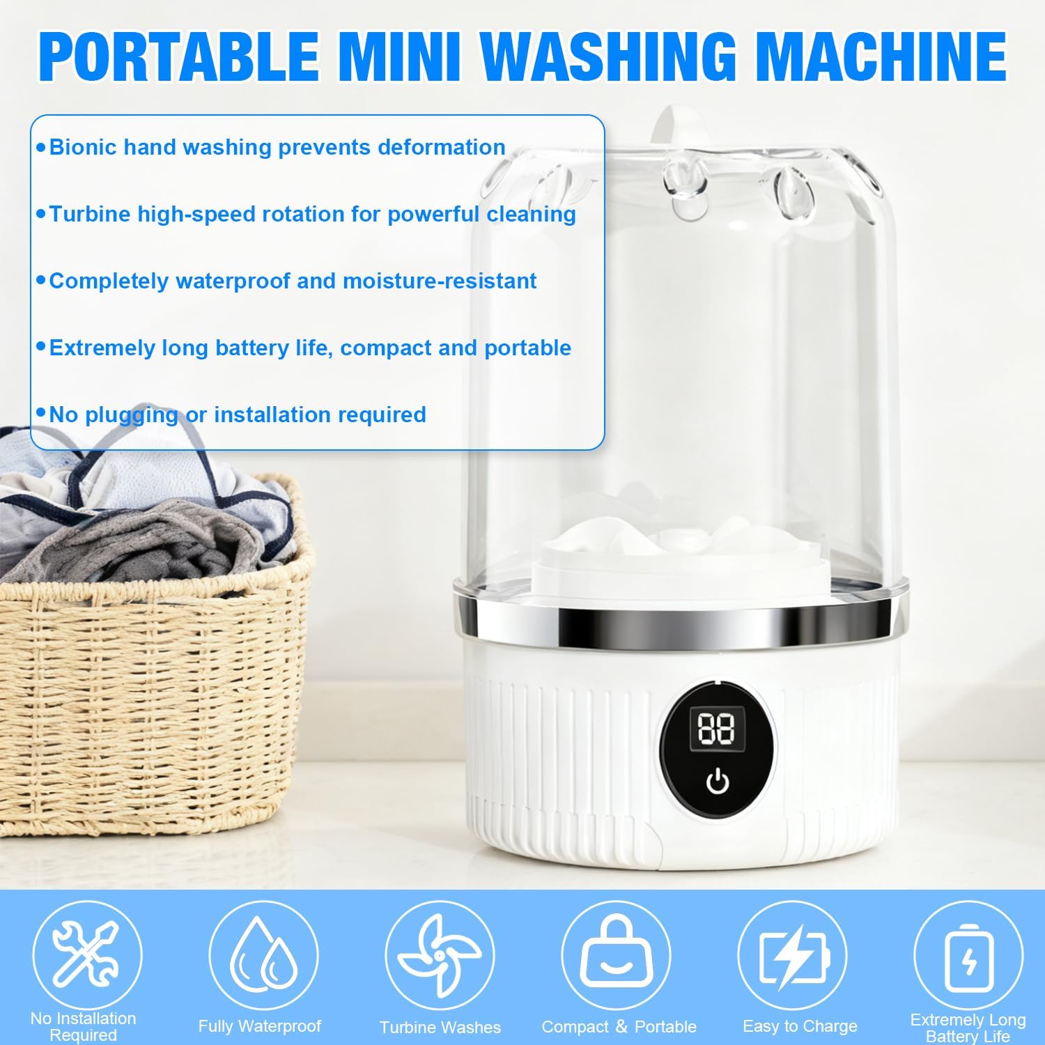 Underwear Washer, Portable Mini Washing Machine, 3000mAh Rechargeable Cordless Washing-machine, Portable Small Wireless Washing Machine for Home Use, for Underwear, Small Loads, Baby Clothes (White)