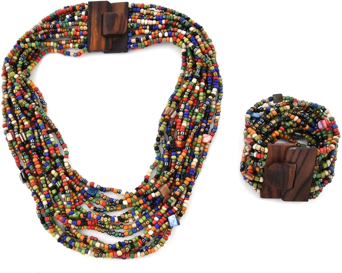 Seed Bead Jewelry Set – Boho Necklace & Bracelet – Handmade Beaded Jewelry – Wooden Clasp – 18″ Necklace – Stretch Bracelet – Christmas Gifts