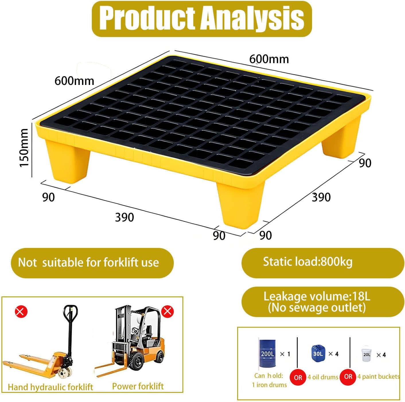 Spill Containment Platform，Yellow and Black Spill Containment Pallet ，Drum Spill Containment Platform， for Industrial Parks ，Warehouses Factory 600 * 600 * 150mm