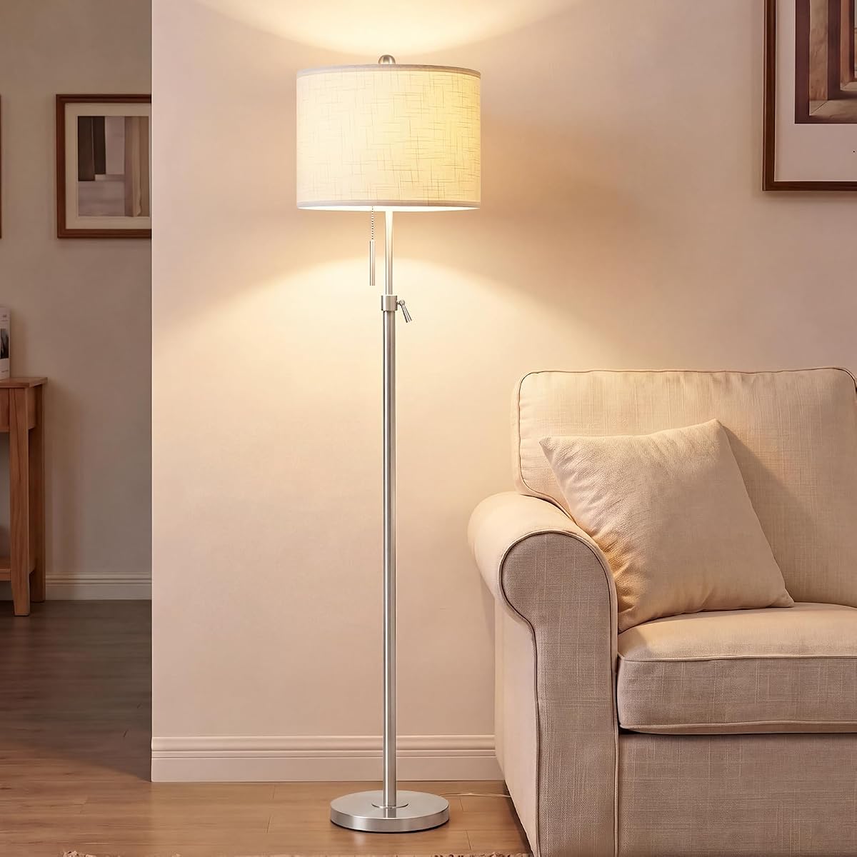 Brushed Nickel Floor Lamps for Living Room, 55"-67" Height Adjustable Modern Tall Lamp, 3-Way Dimmable Standing Lamp for Bedroom Office Reading Corner Home Decor, New House Warming Gifts