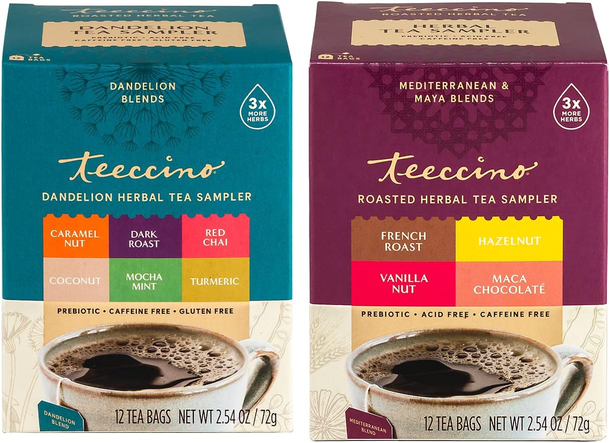 TeeccinoHerbal Tea Sampler & Dandelion Tea Sampler – Rich & Roasted Herbal Tea That’s Caffeine Free & Prebiotic for Natural Energy, 12 Tea Bags (Variety Pack of 2)