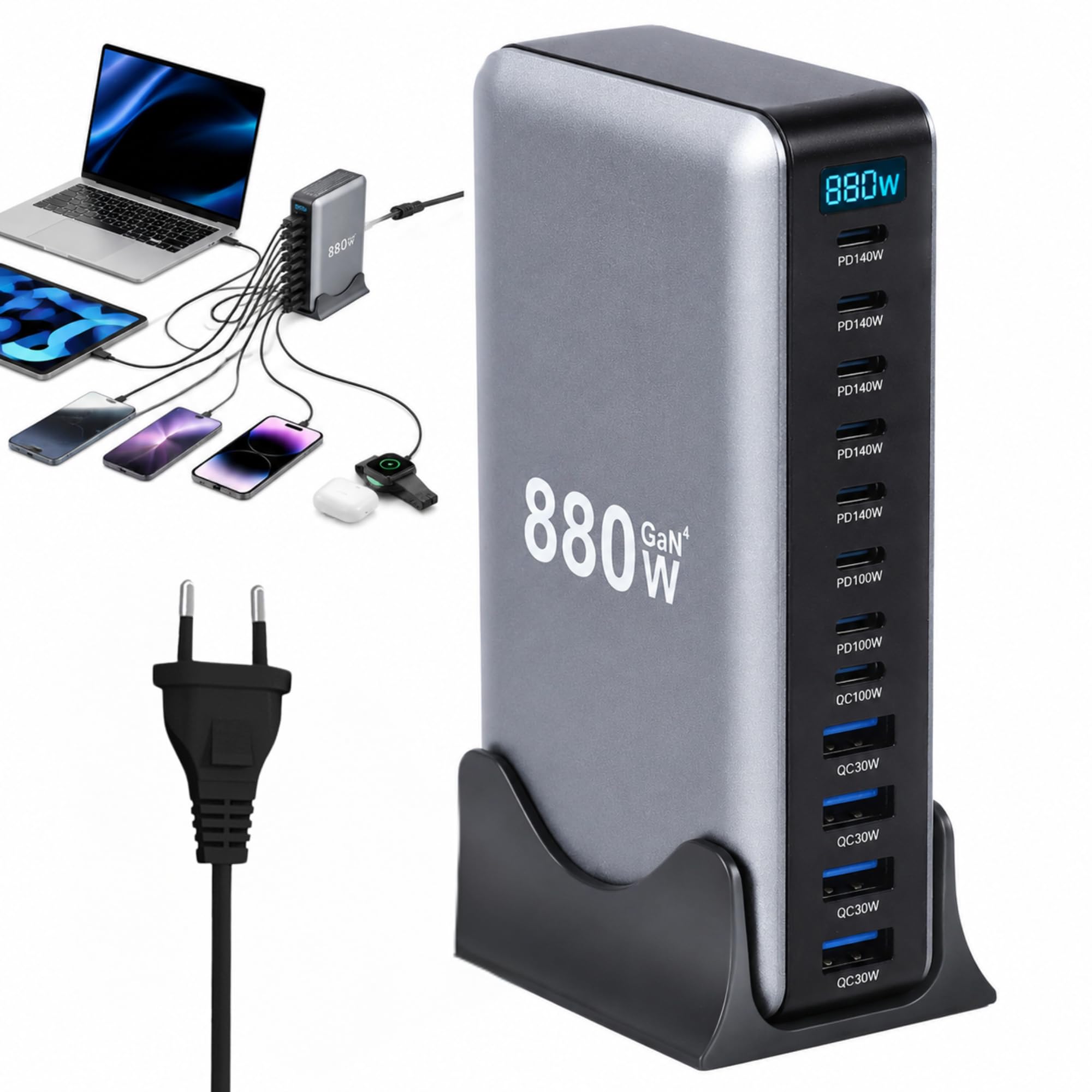 880W USB C ładowarka GaN III Pro 10-portowa ładowarka USB, 140Wx4 100Wx2 PD szybka ładowarka kompatybilna z/komputerem stacjonarnym/laptopami/telefonem (wtyczka europejska)