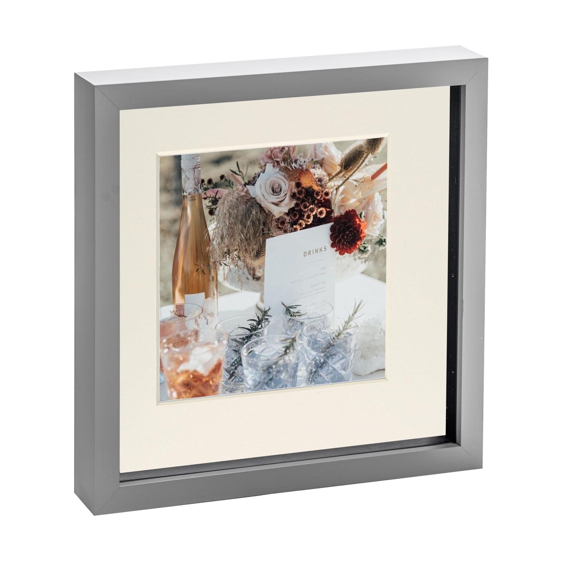 Nicola Spring 10 x 10 3D Shadow Box Photo Frame - Craft Display Picture Frame with 6 x 6 Mount - Glass Aperture - Grey/Ivory