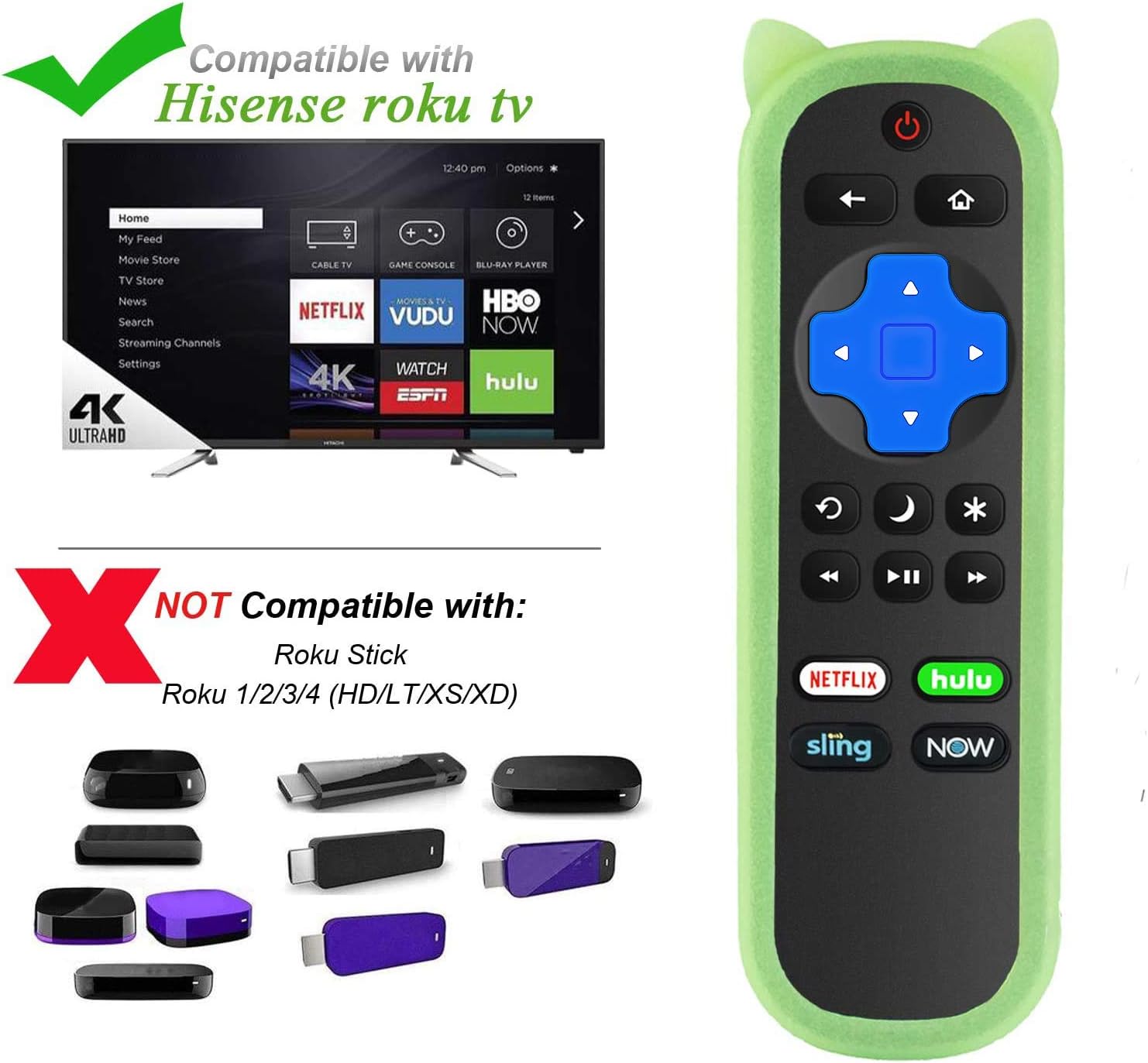 Remote Control Compatible with Hisense Roku TV w/Volume Control and TV Power Button for All Hisense 4k Roku TV with Green Case