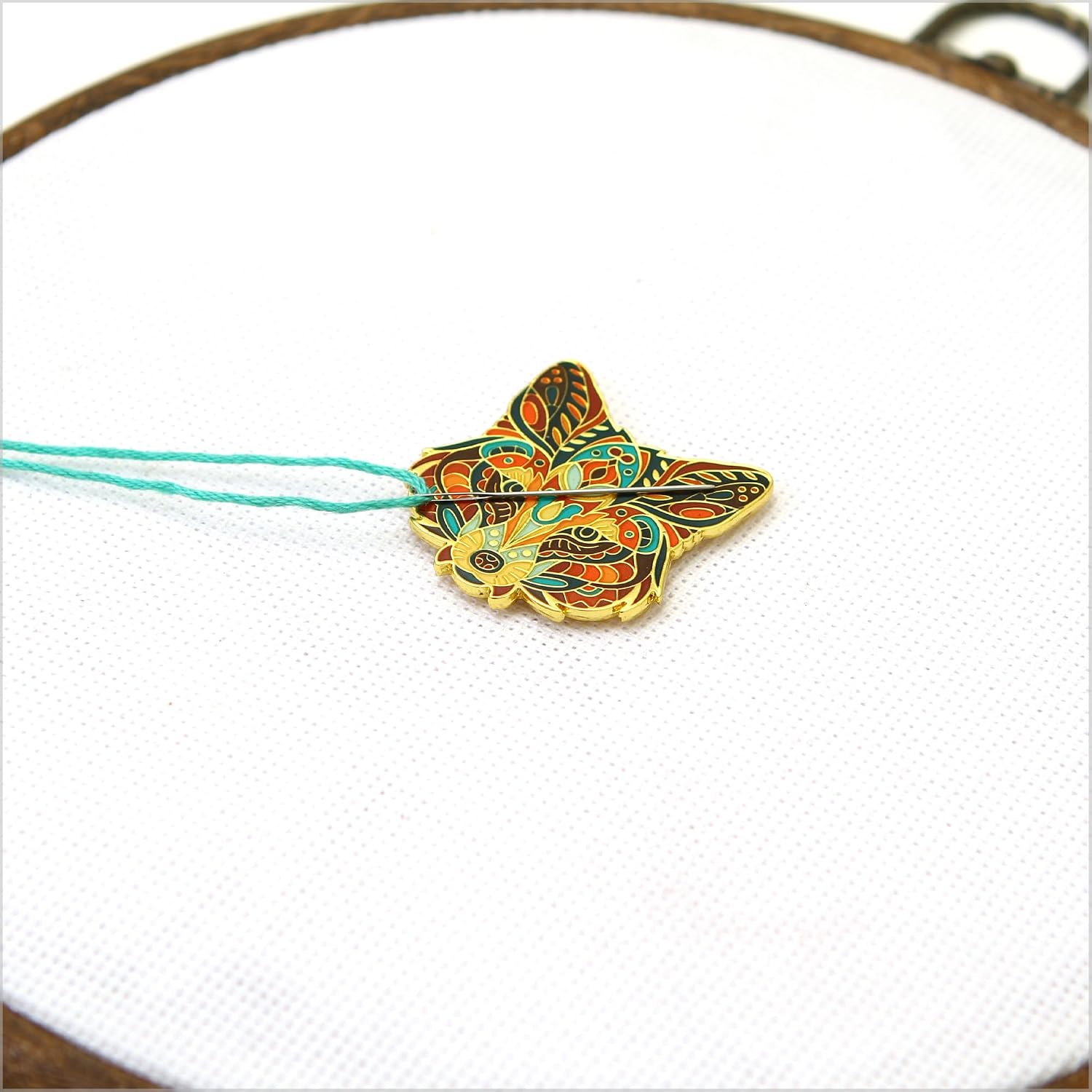 Awesome Pattern Studio Needle Minder Set - Mandala Fox Magnetic Needle Minder + 2 Needle Threaders. Enamel Pin for Cross Stitch, Embroidery and Craft