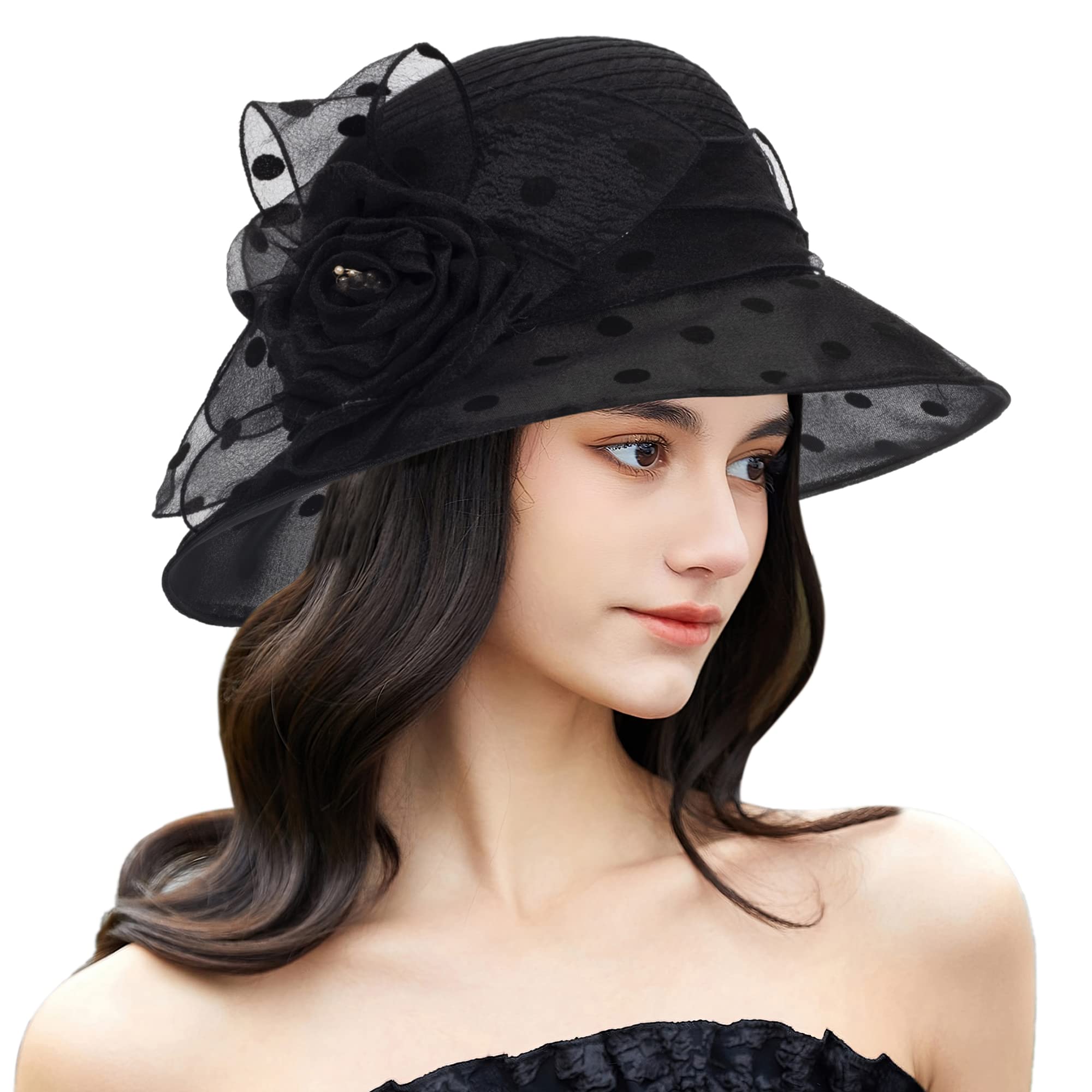 IZUS Dots-Organza Flower Band - Sombrero de sol de ala ancha para mujer, sombrero de paja francesa, tocado de boda