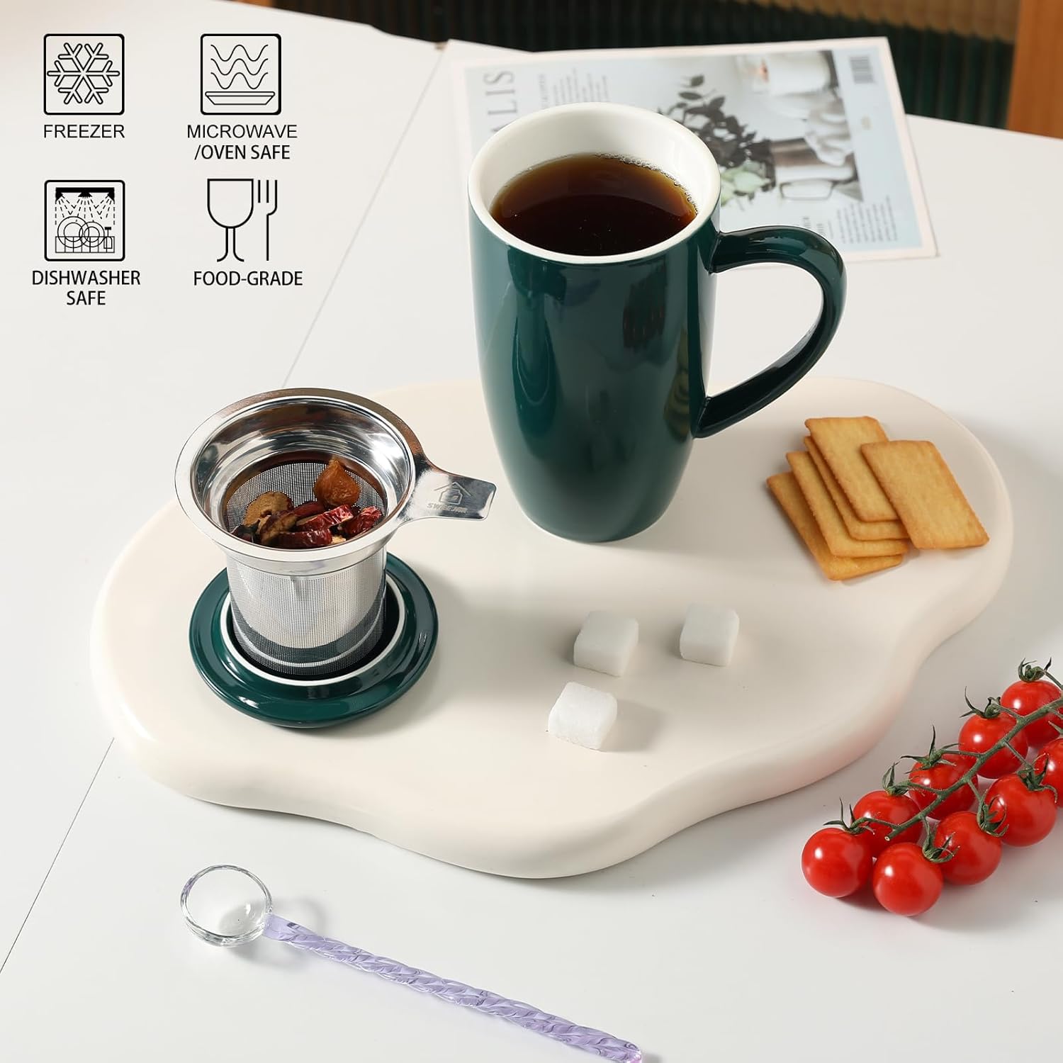 Sweejar Porcelain Tea Infuser Mug with Lid, 20 oz Teacup with Strainers for Loose Leaf Tea, Microwave and Dishwasher Safe Coffee Mug(Jade)