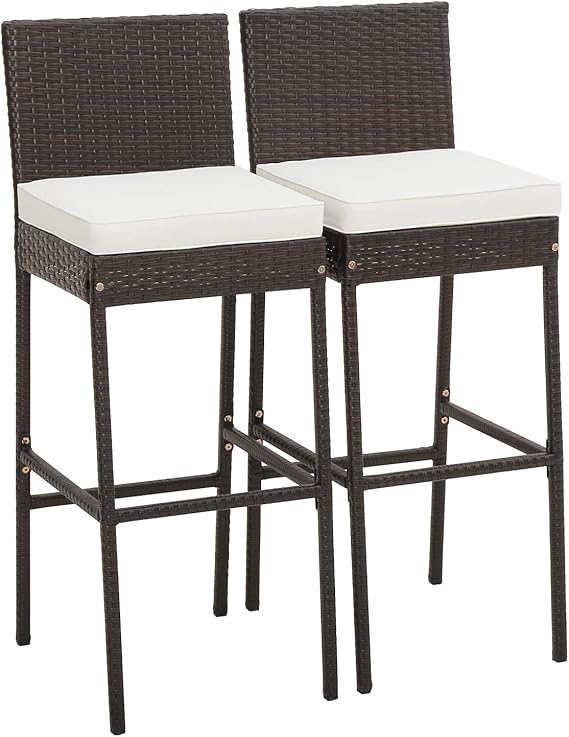ECOTOUGE Wicker Bar Stools Set Of 2, Outdoor Rattan