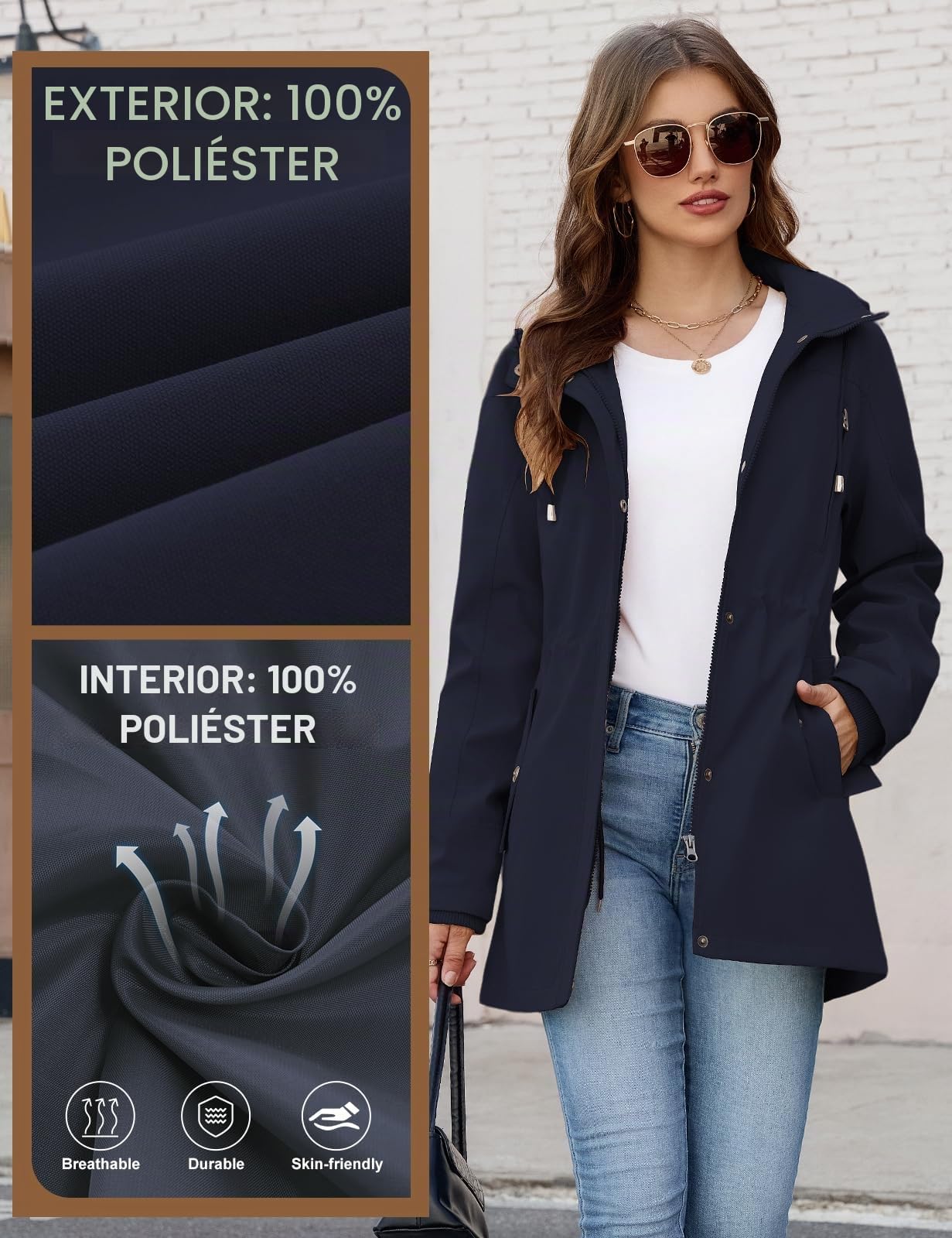 CMTOP Chaqueta Mujer Entretiempo Ligero Longitud Media Chaqueta, Primavera Otoño Abrigo Resistente al Agua Parka Casual Sólido Cazadora con Capucha Desmontable y Multibolsillos