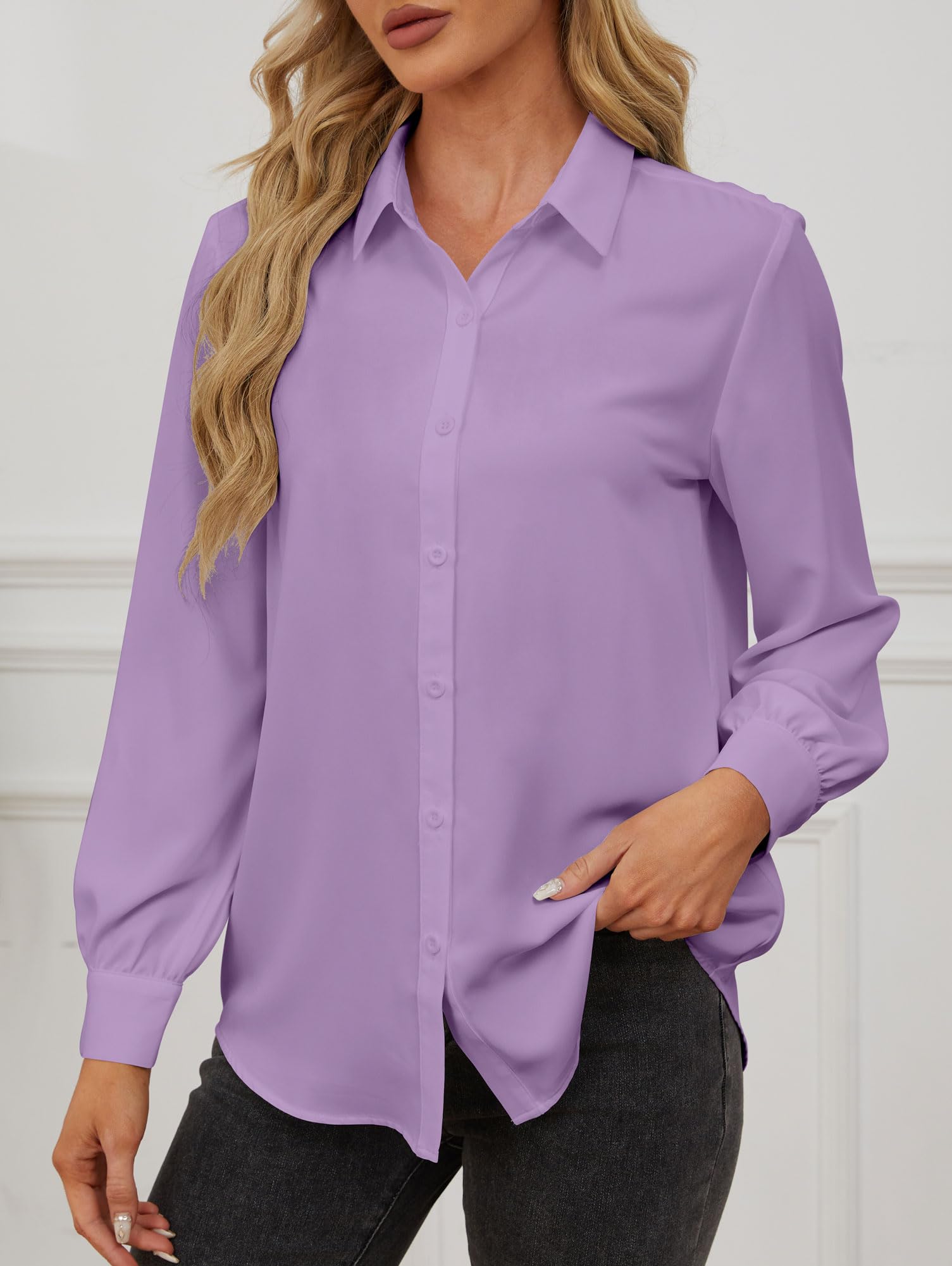 SPRING SEAON Blusa de gasa de manga larga con cuello para mujer, con botones, para el trabajo, la oficina