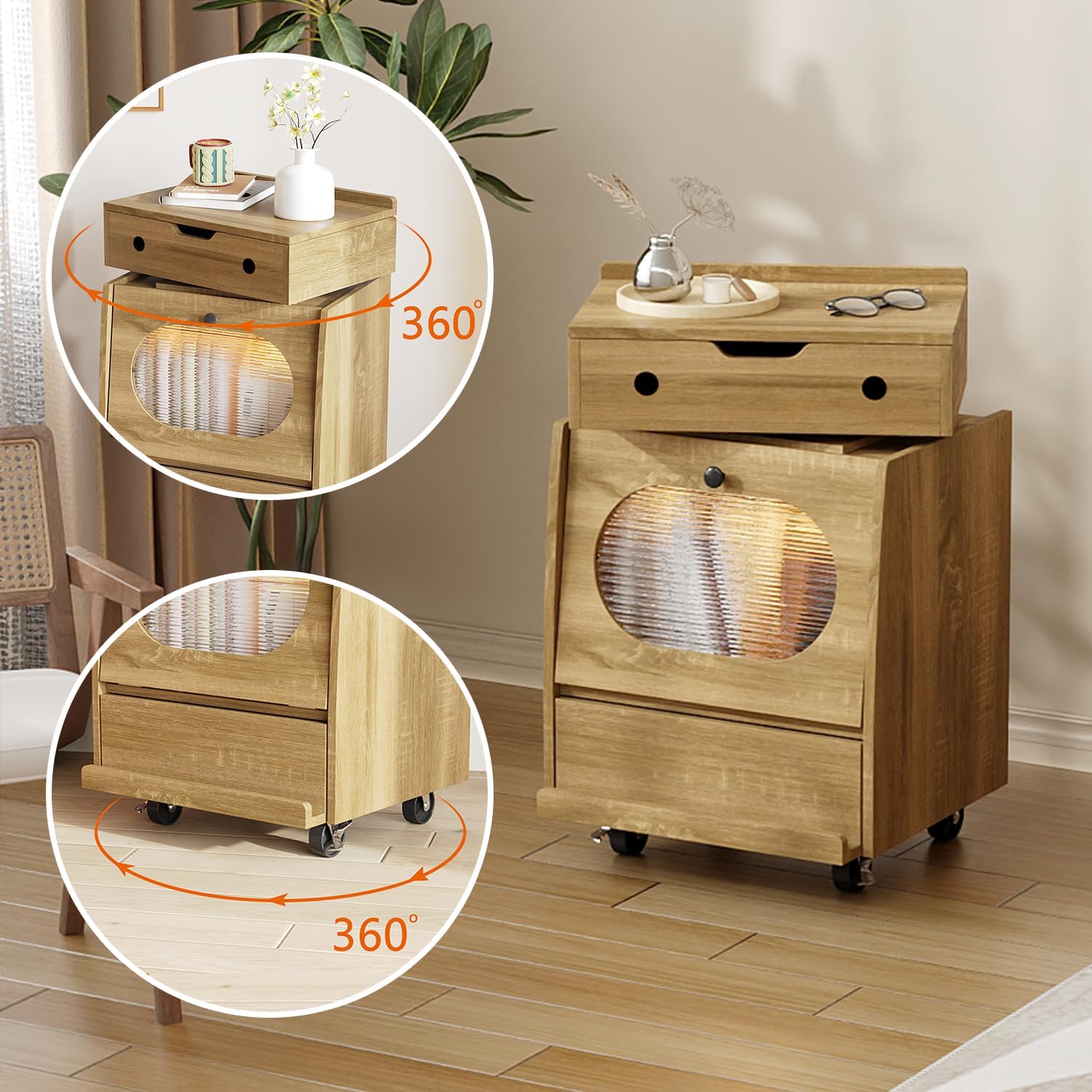 Robot Nightstand with 360° Rotating Drawer and Wheels, Versatile Bedside Table with LED Light, Wooden Sofa End Side Table with Fluted Glass Door for Bedroom, Brown