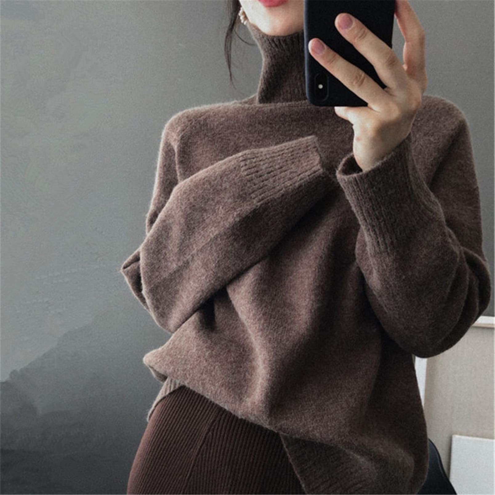Suéter de lana de cuello alto para mujer, suéter de otoño e invierno cálido, suéter de manga larga, jersey suelto