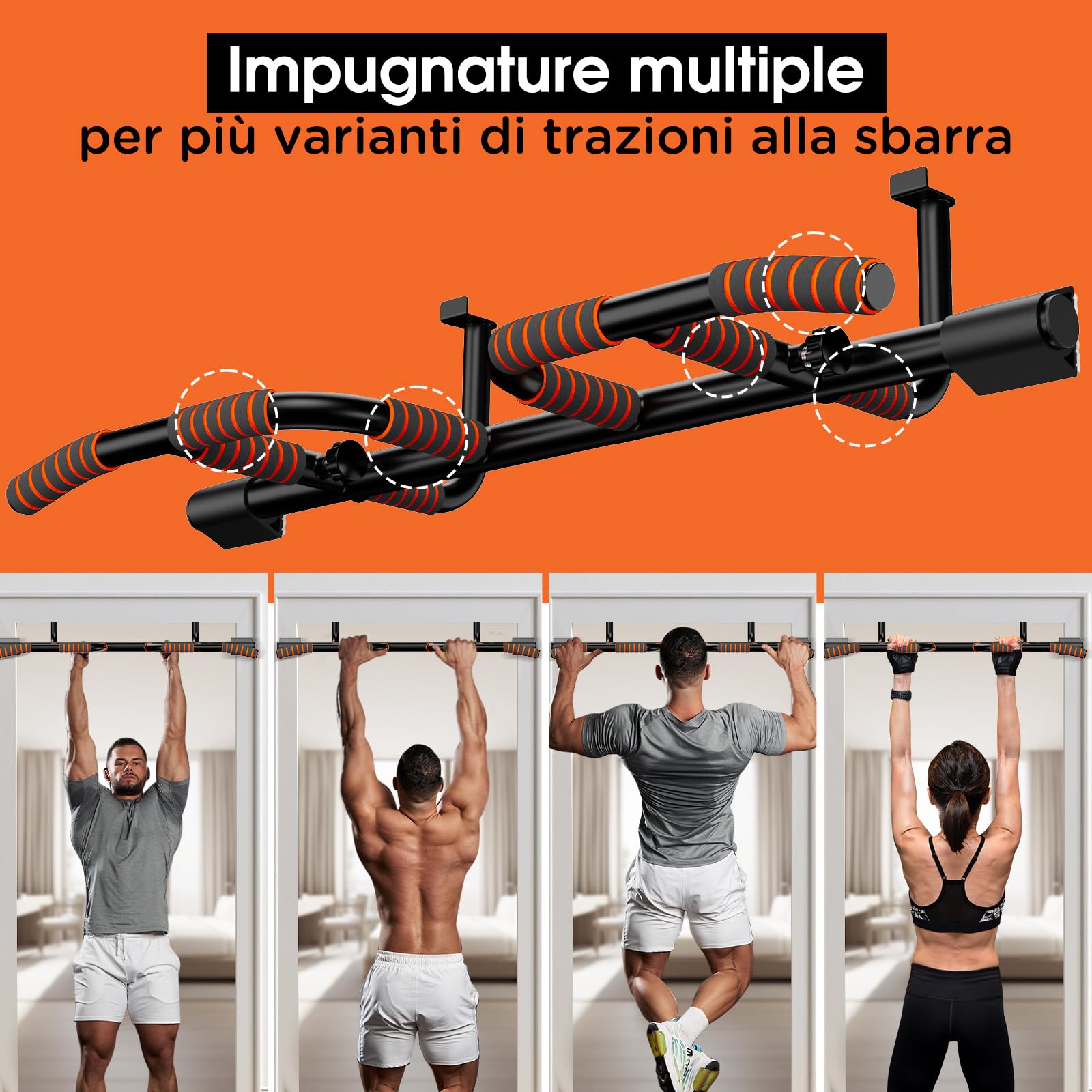 DH FitLife Barra per Trazioni da Porta senza Viti | Sbarra Trazioni Antiscivolo con Prese Multiple | Pull Up Bar da Appendere | Per Telai da 65 a 92 cm