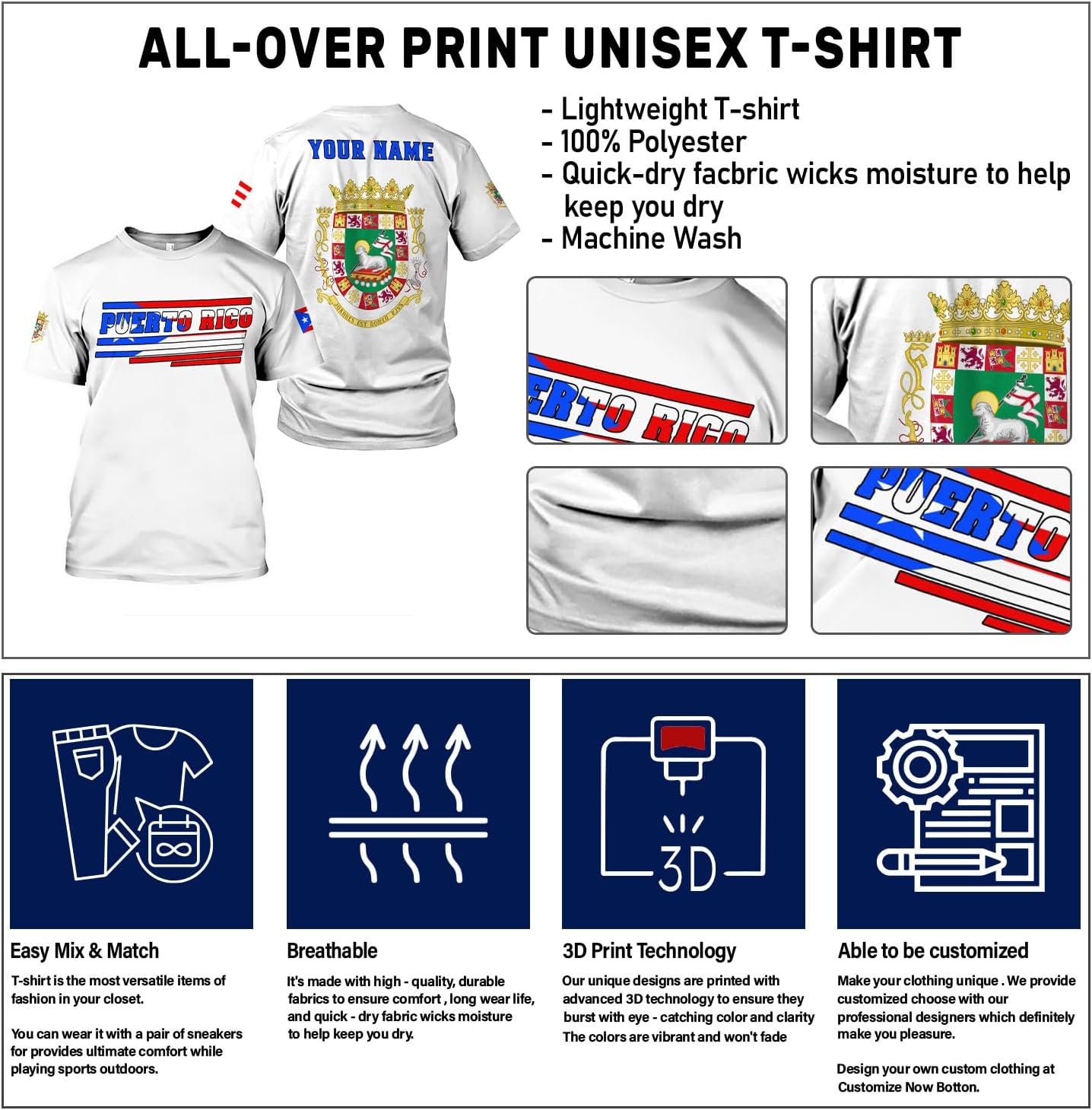 Personalized Puerto Rico Flag 3D Shirt for Men Women, Custom Puerto Rico Shirt, Puerto Rico Proud Shirt All Over Print S-5XL