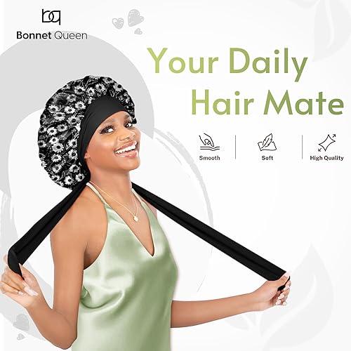 Vista 11 de BONNET QUEEN Silk Bonnet for Sleeping Women Satin Bonnet Hair Bonnet Night Sleep Cap for Curly Hair with Tie Band