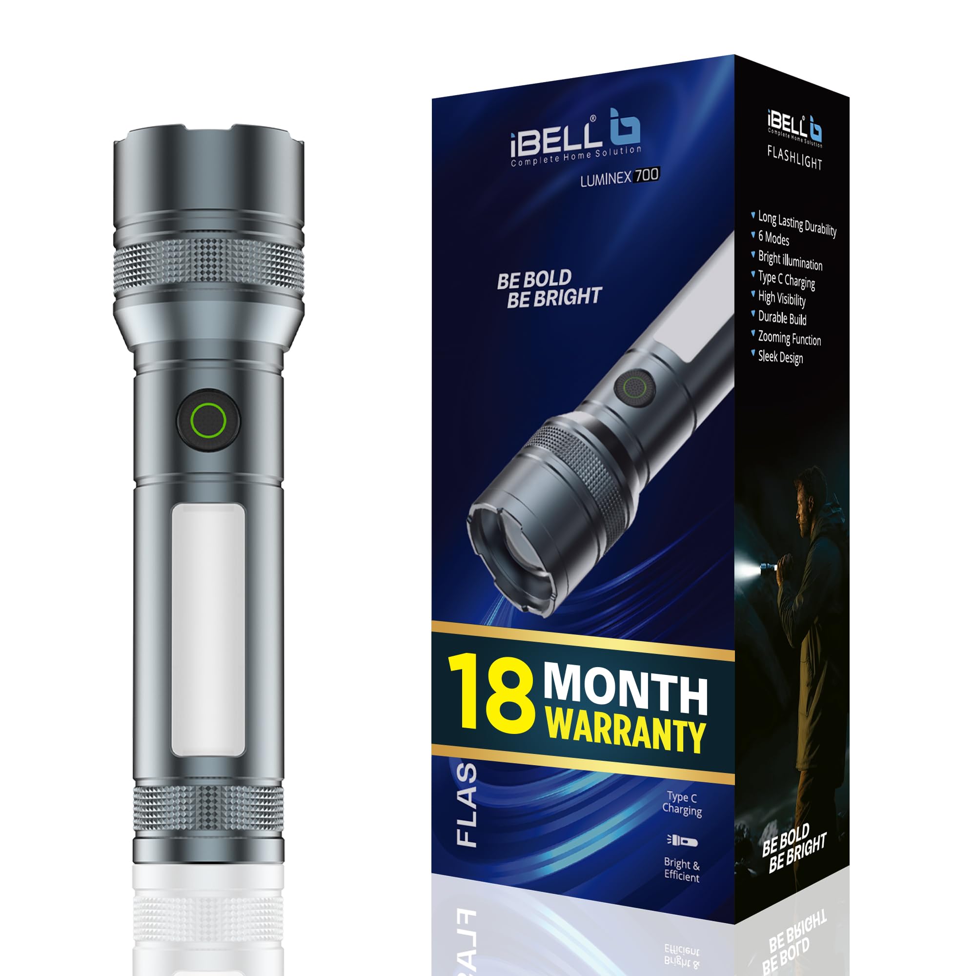 IBELL LUMINEX 700 Rechargeable Torch Light High Power, 6 Light Modes, Telescopic Zoom, Type C Charging, LED Flashlight, Super Bright & Long Distance Range, for Home, Outdoor & Emergency Use (Grey)