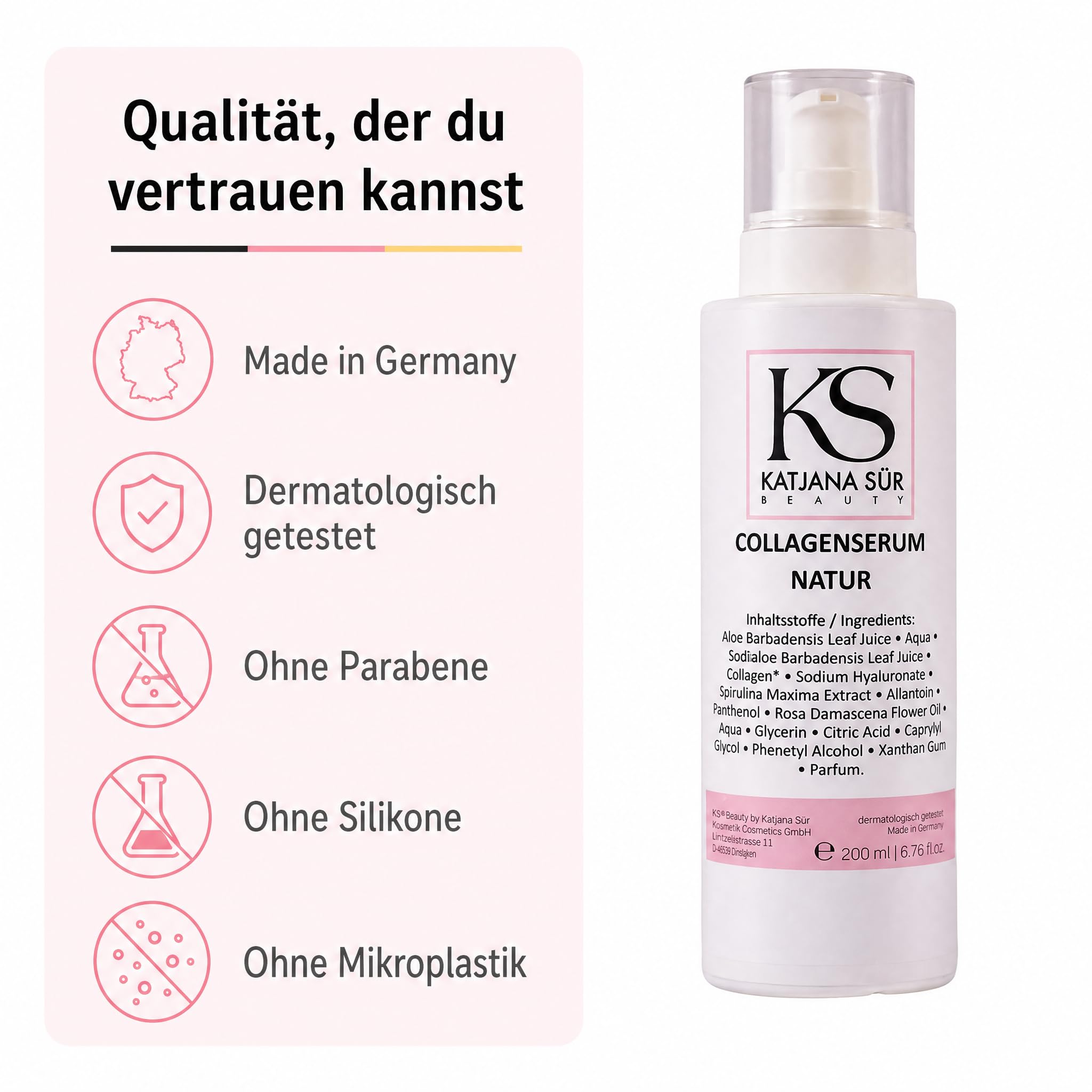 KS Beauty Collagen Serum Natur, Hyaluron & Aloe Vera, 200 ml | Feuchtigkeitsserum für Gesicht mit Rosenöl, Spirulina & Panthenol – dermatologisch getestet, Made in Germany