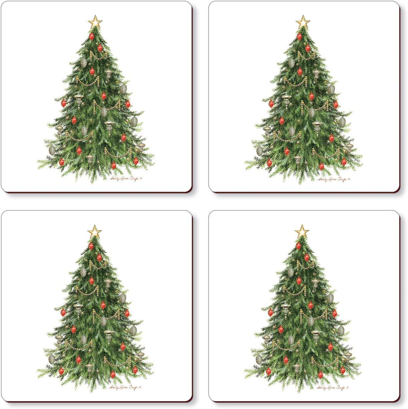 Cala HomeChristmas Tree Decorative Hardboard Cork Backed Coasters 4 Pack Layered Construction Heat Tolerant Easily Wipes Clean
