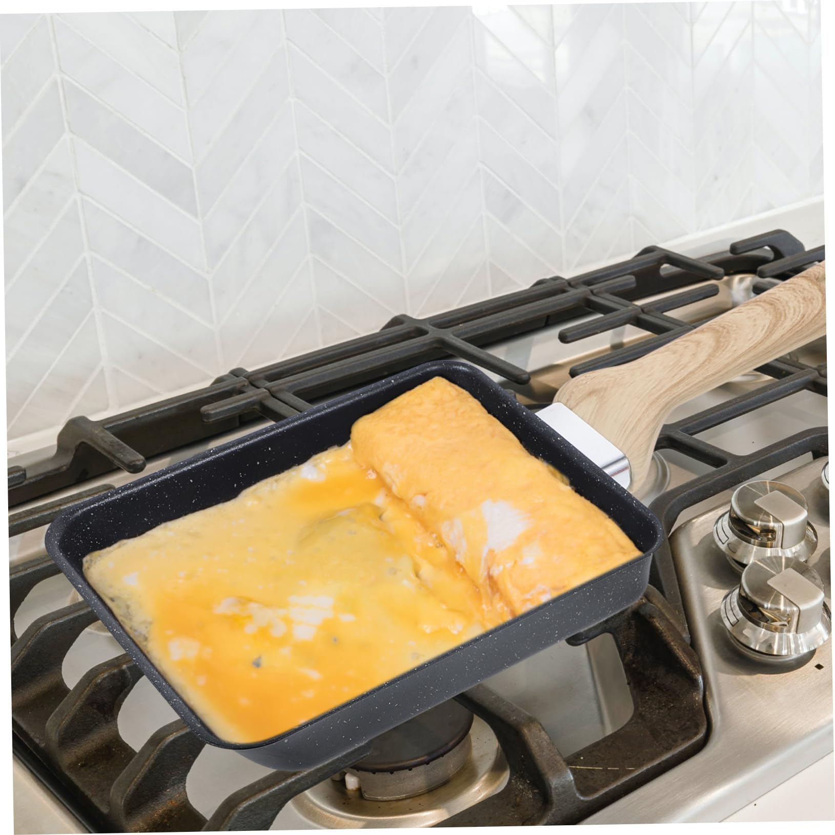 Padella Giapponese per Frittata Antiaderente Spatola in Silicone, Manico in Legno, Rettangolare, per Cucina di Casa