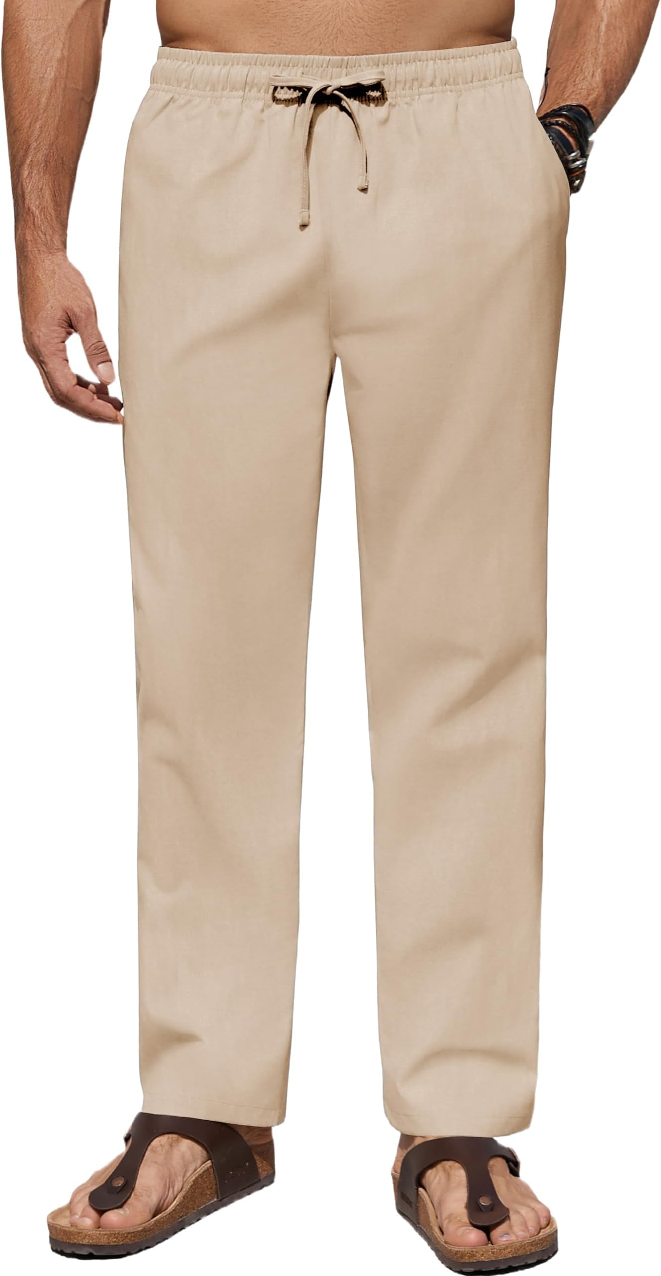 Men's Casual Linen Pants Elastic Waist Drawstring Beach Summer Pants Lightweight Linen Trousers