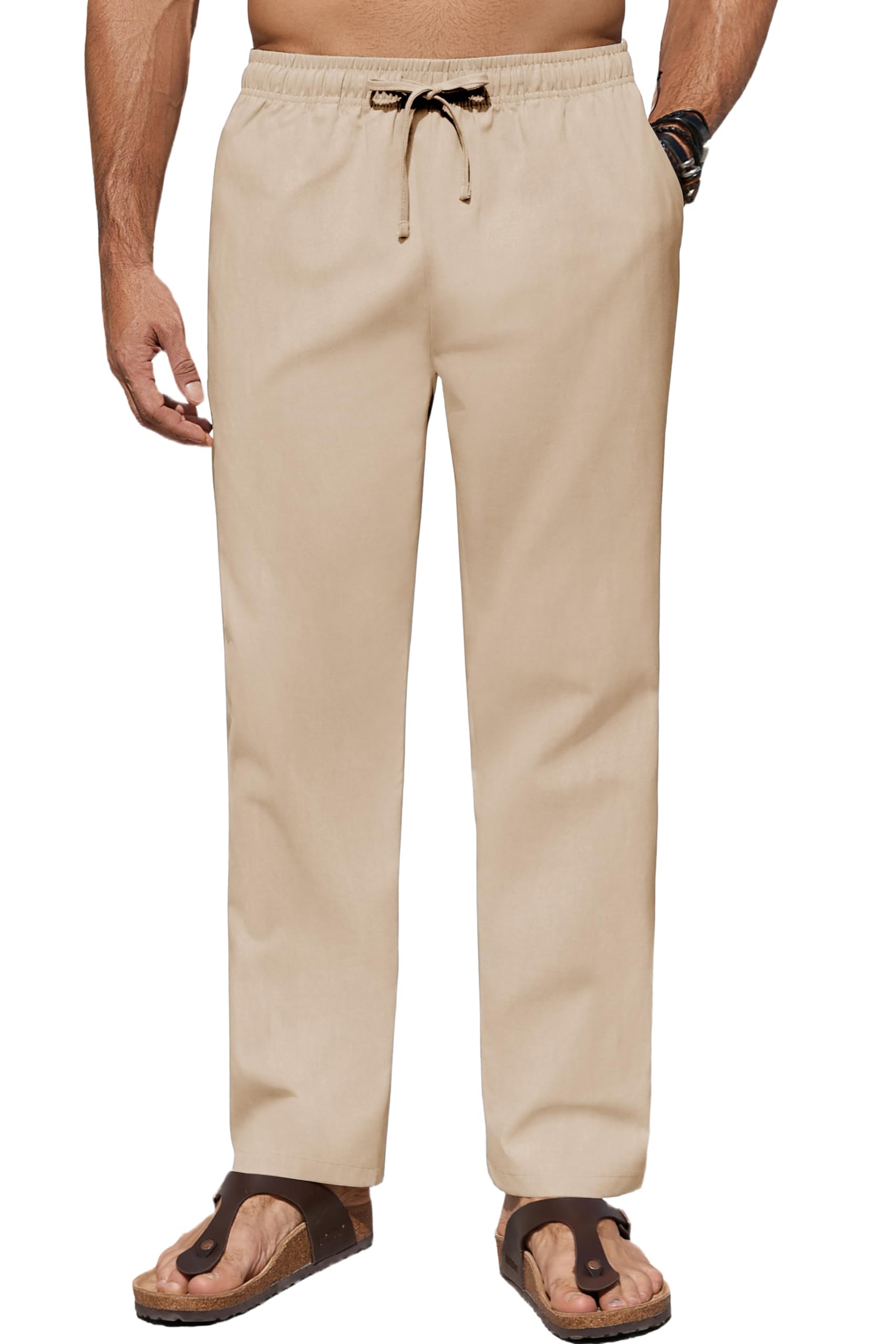COOFANDY Mens Casual Linen Pants Elastic Waist Drawstring Beach Summer Pants Lightweight Linen Trousers