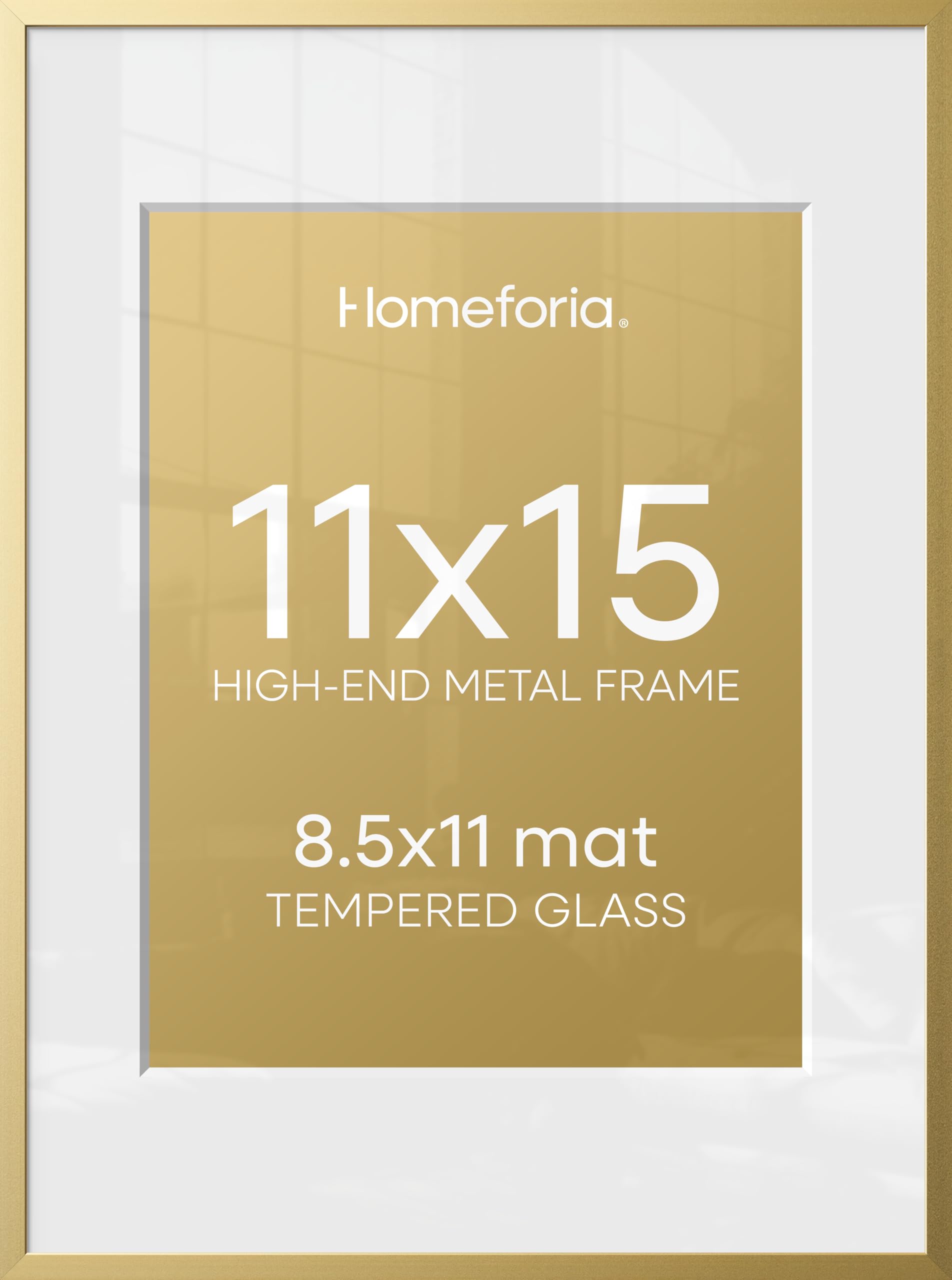 Homeforia 11x15 Gold Picture Frame, High-End Metal, 8.5x11 Mat, Glass | High End Aluminum, Tempered Glass, Acid-Free 8.5x11 Removable Mat, 11x15 in Edge-to-Edge Display 15x11, Wall Kit, Set Of 1