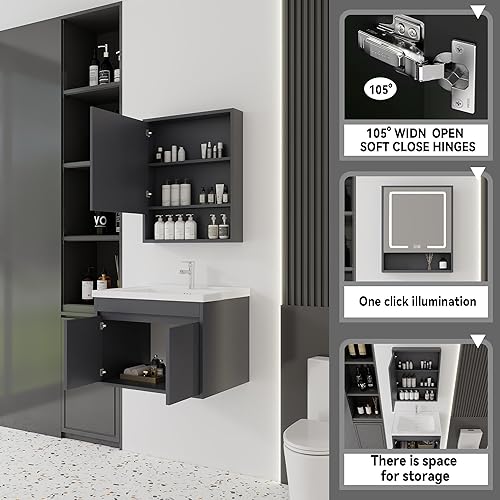 Miniatura 165 de Tocador de baño de 20 pulgadas con lavabo de cerámica, tocador de baño pequeño montado en la pared con puerta de cierre suave, gabinete flotante