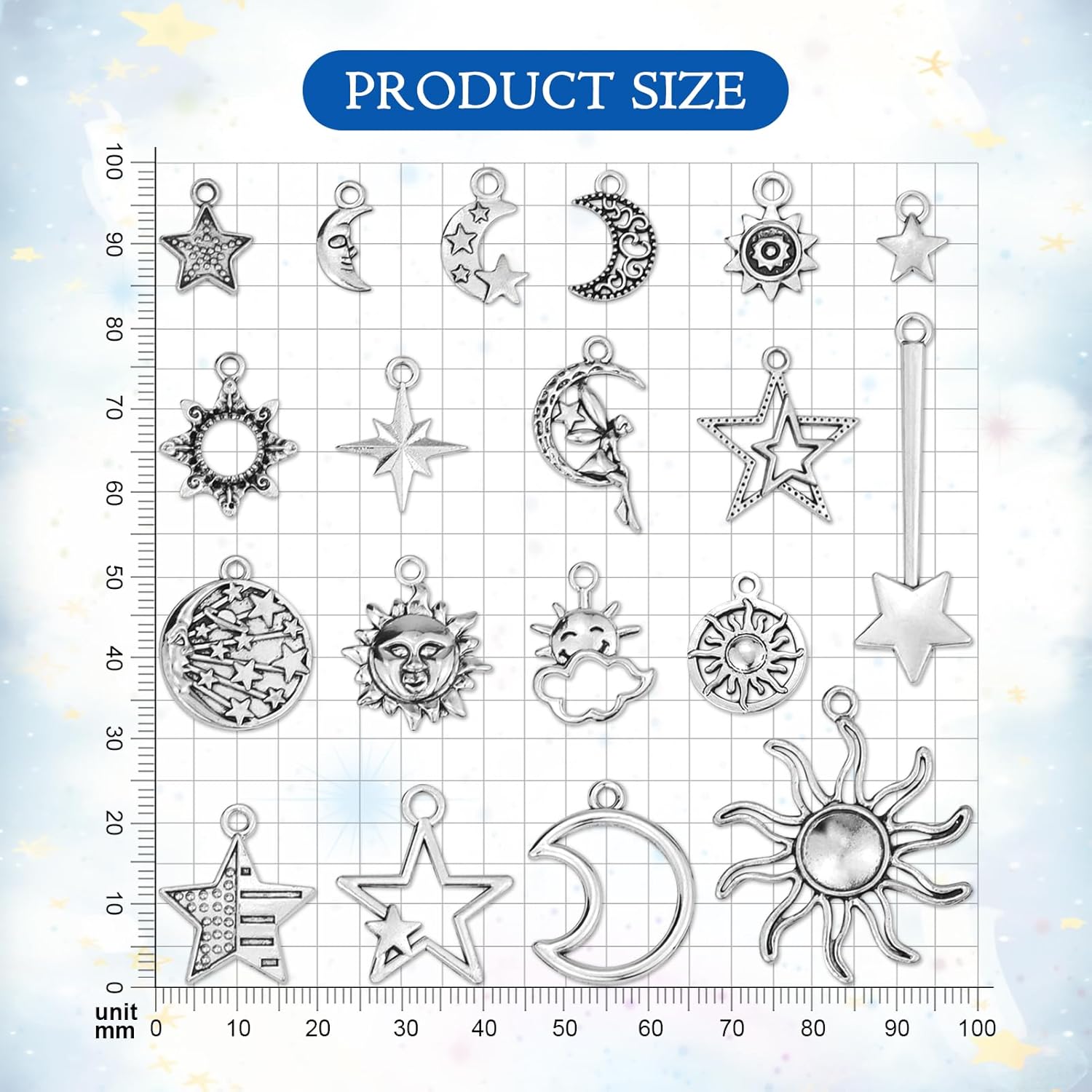 70 Pcs Sun Moon Star Charms Pendants, Antique Silver Alloy Mixed Moon Star Sun Charms for Jewelry Making Necklace Bracelet Earring DIY Craft - Image 2
