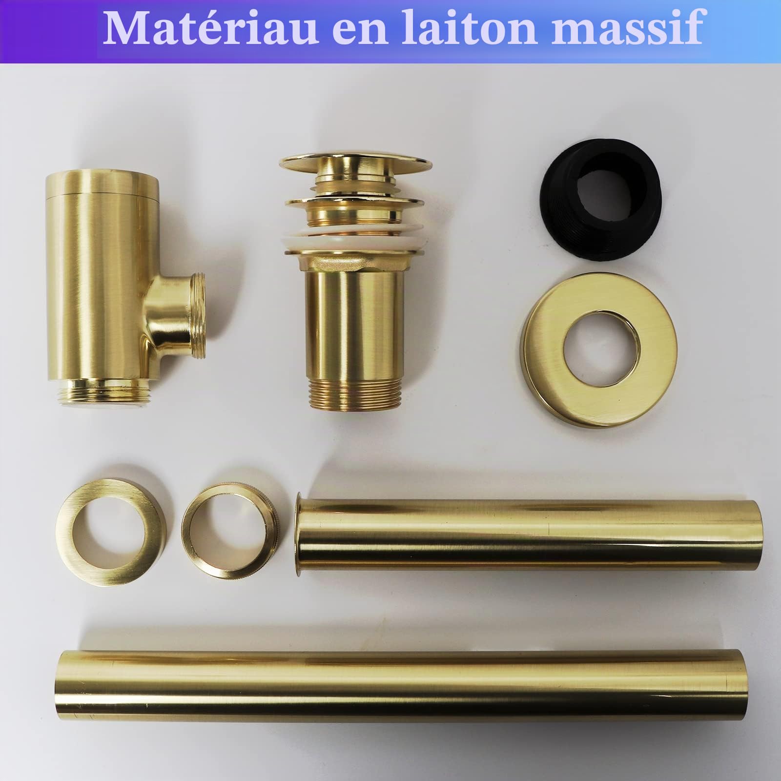 Design Siphon pour lavabo avec garniture de vidage, vanne pop-up sans trop-plein, siphon universel en laiton, piège à odeur pour salle de bain avec joints d'étanchéité, ouverture de nettoyage (Or