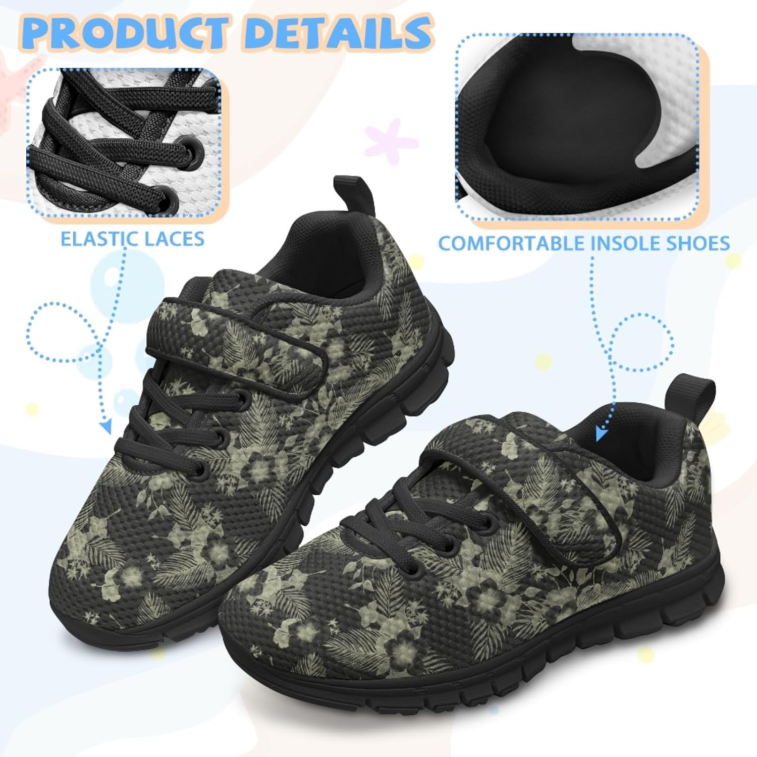 Boho Floral Girls Slip On Sneakers with Hook and Loops Flexible Breathable Sneakers for Kids Girls Reduce Pressure On The Foot Running Shoes Kids Stitch Fashionable Indoor Soccer Shoes - Image 6