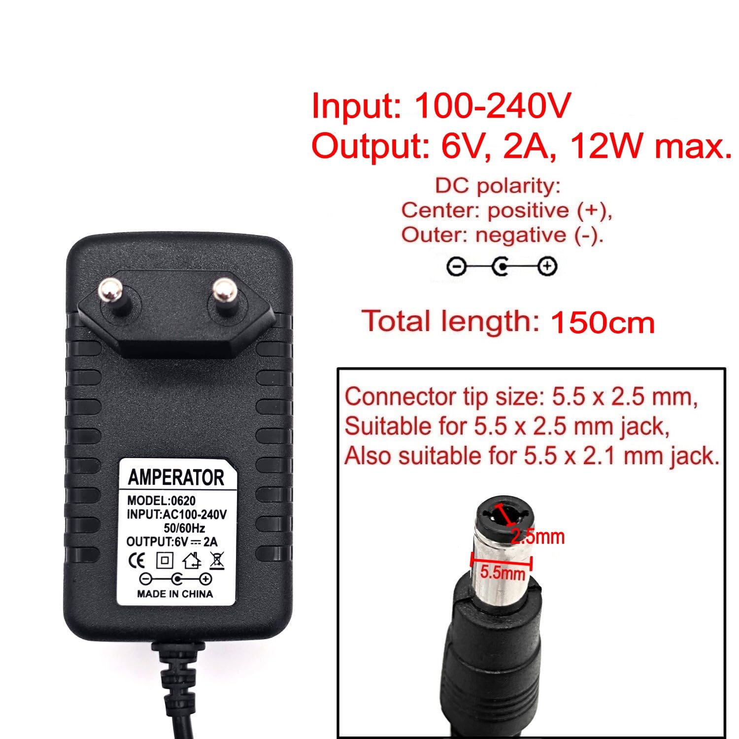 JZK 6V 2A Caricatore con cavo di ricarica, 5.5 mm x 2.5 mm connettore DC compatibile con 5.5 mm x 2.1 mm, adattatore AC, alimentatore di rete 12 W