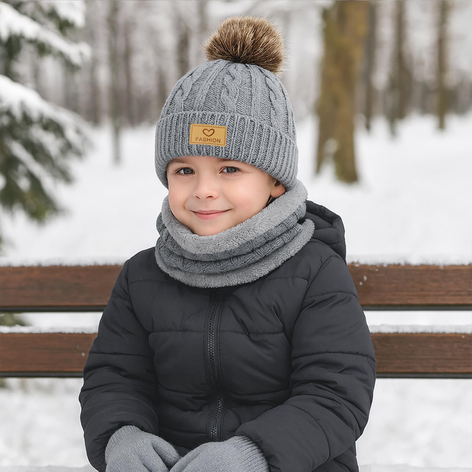 Winmany 3PCS Niños Invierno Gorros Guantes Bufanda Conjunto Niño Polar Cuello Calentador Gorro con Pom Conjunto de Mitones de Punto para Niña Niño