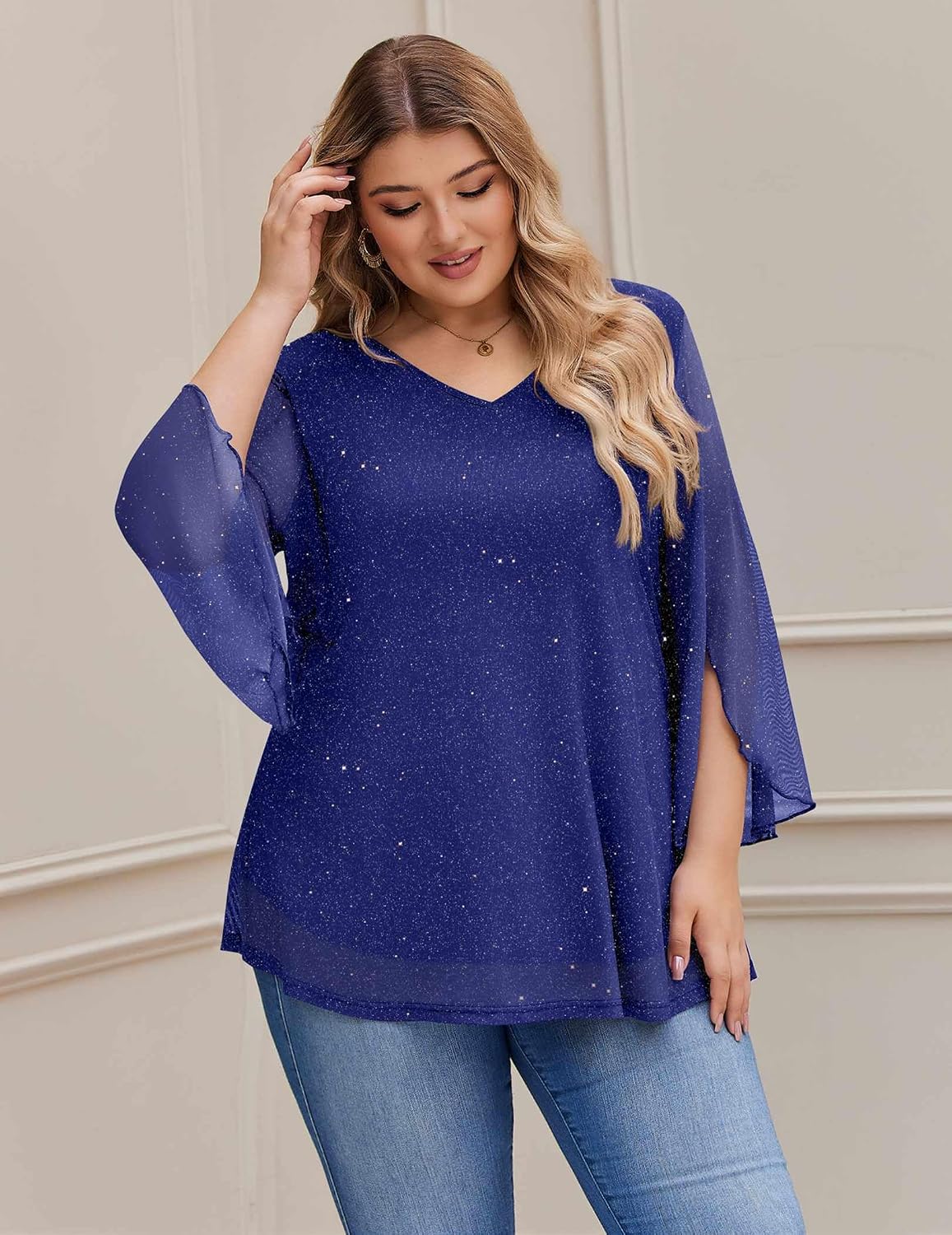 IN'VOLAND Plus Size Dressy Tops for Women Double Layers Mesh Blouses Shirt