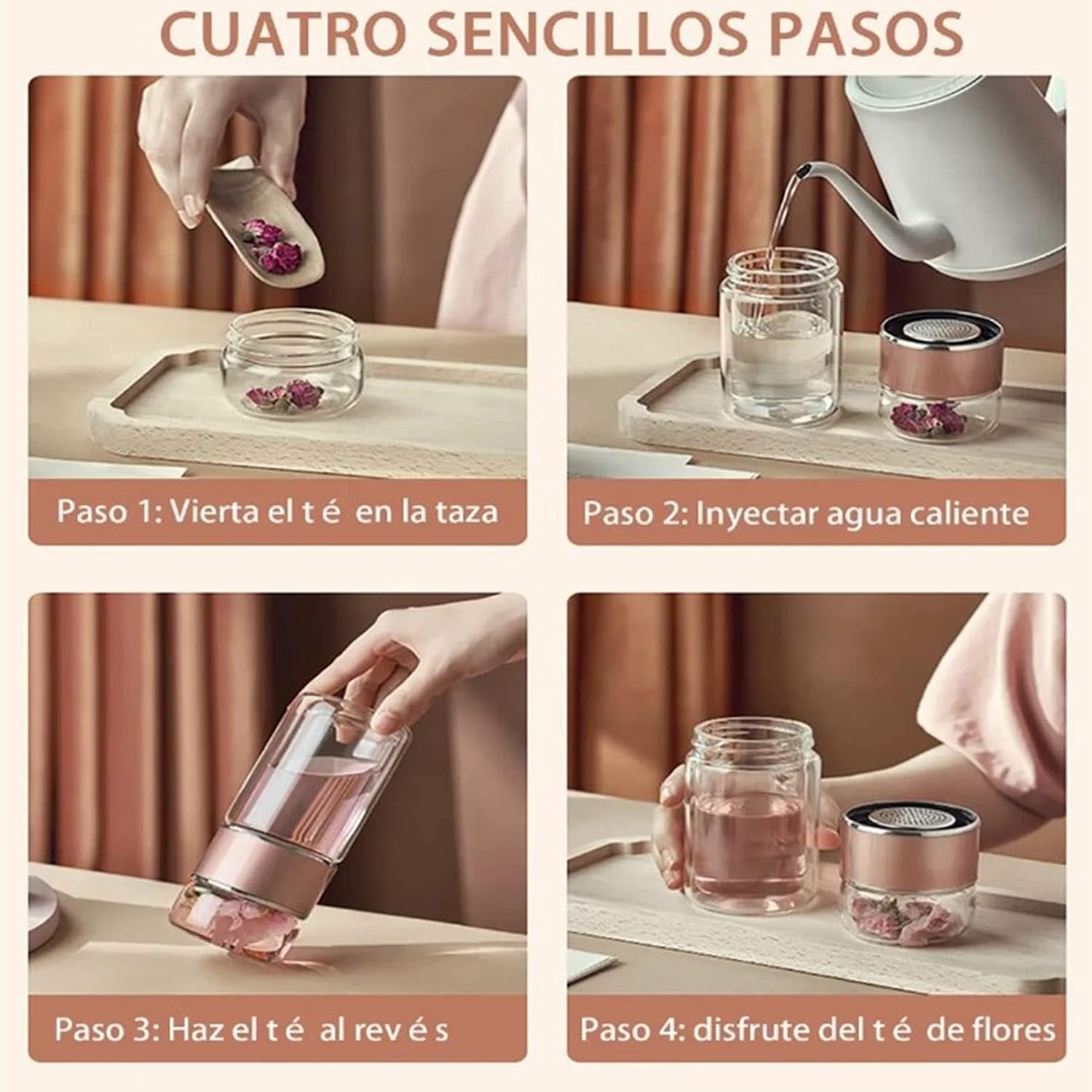 Tea InfuserBottle, 420ml/14oz Double Layer Stainless Steel Leakage Proof Glass Water Bottle Travel Water Separation Tea Bottle Mug Cup for Office Travel Home(rose gold) - Image 2