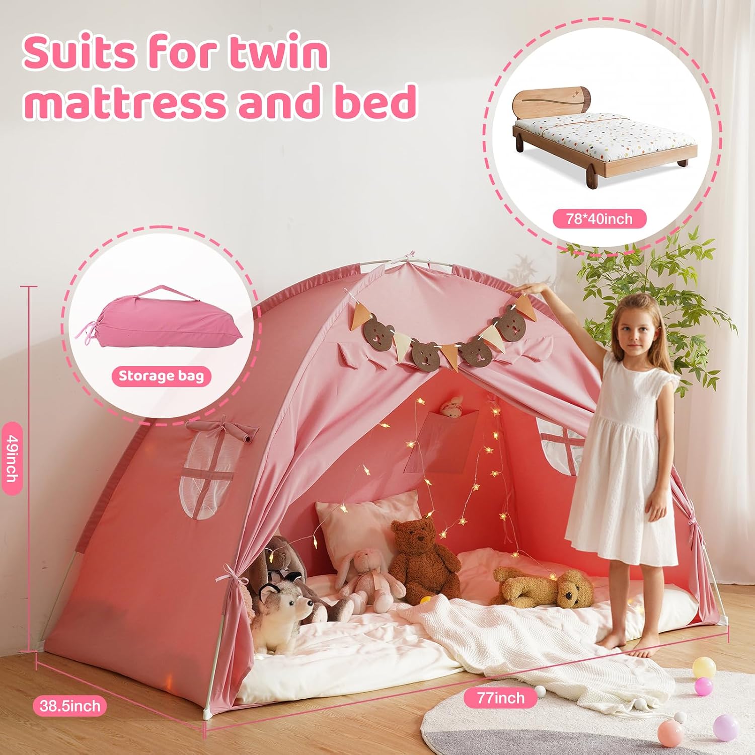 Twin Bed Tent for Kids, Girls Bed Tent Canopy Sleeping Tent Breathable Privacy Space Dream Playhouse with Stars Light & Flags, Toddler Indoor Floor Play Tent for Girls, Birthday Children‘s Gift, Pink