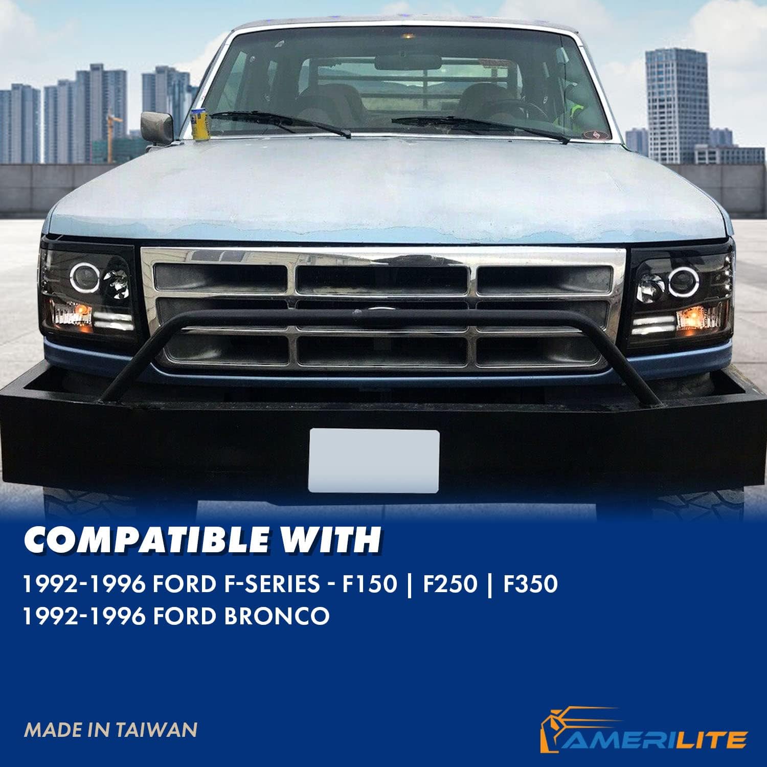 AmeriLite LED Halo Bar Projector Replacement Halogen Car Headlights Set For Ford F150/F250/F350/Bronco - Passenger Right and Driver Left Side, Vehicle Light Assembly, Black