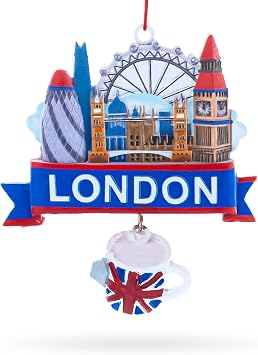 London City Skyline with Tea Cup Resin Christmas Ornament | Hand Painted, Ready to Hang, Gift Tagged